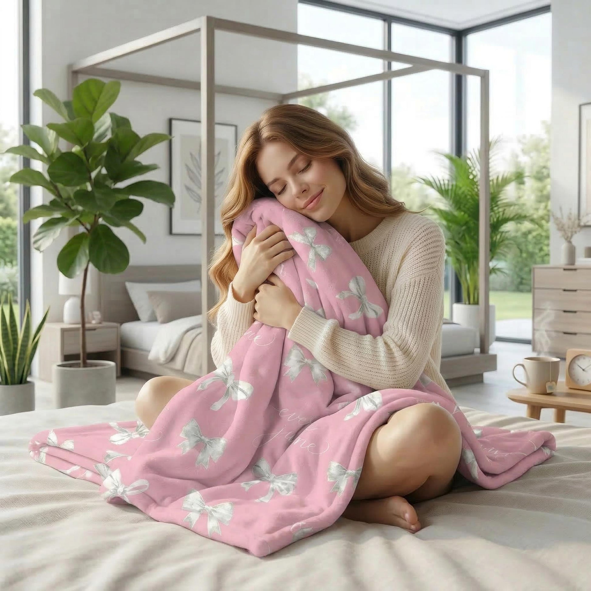 Woman hugging a soft pink flannel blanket with a playful silver bow design in a bedroom.