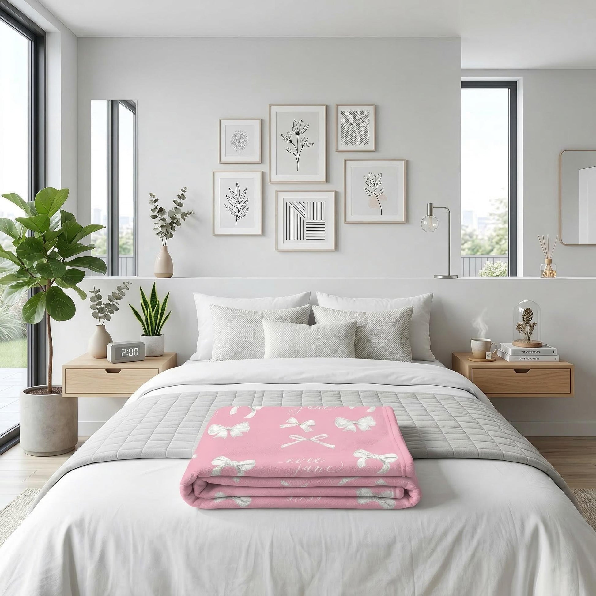 Pink flannel blanket with white bow design folded on a white bed in a bright bedroom.