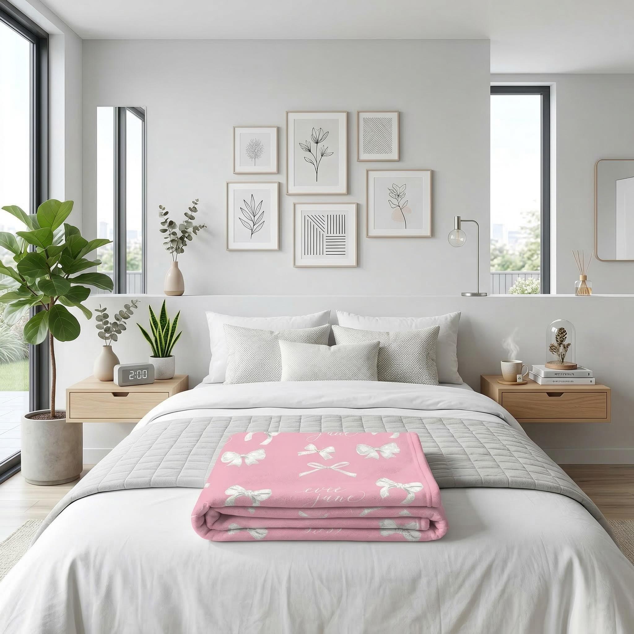 Pink flannel blanket with white bow design folded on a white bed in a bright bedroom.