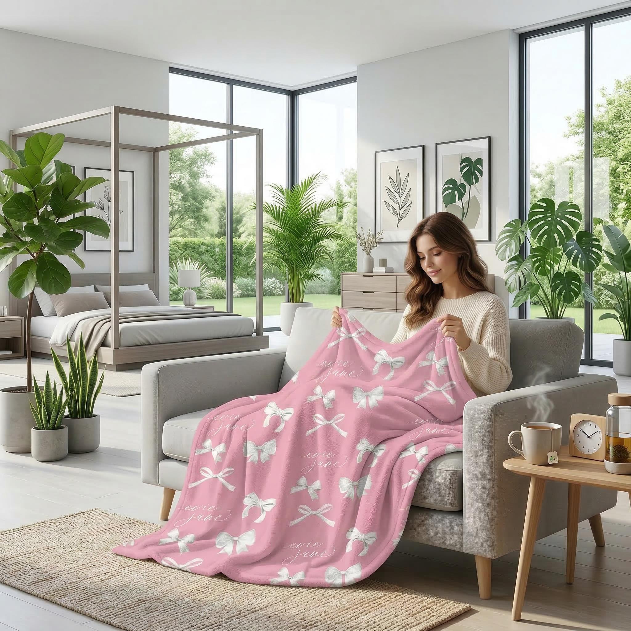 Woman on a sofa with a pink flannel blanket featuring a white bow design.