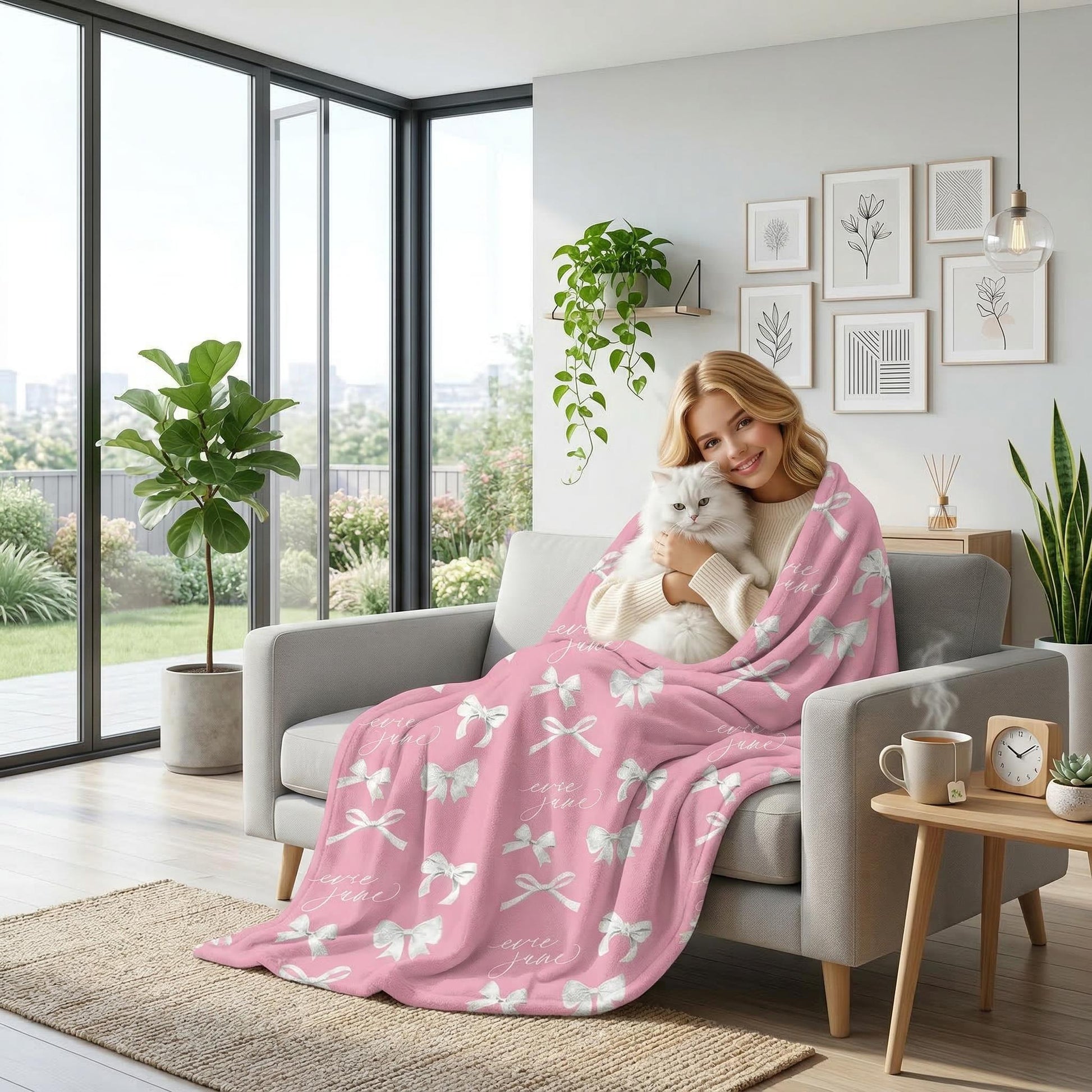 Blonde woman on a sofa, cuddling a white cat under a pink flannel blanket with white bow designs.