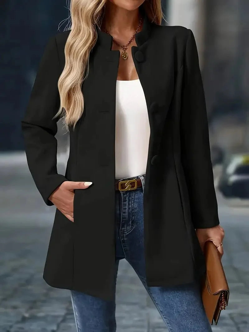 Stand Collar Tailored Coat with Button Closure and Pockets 4