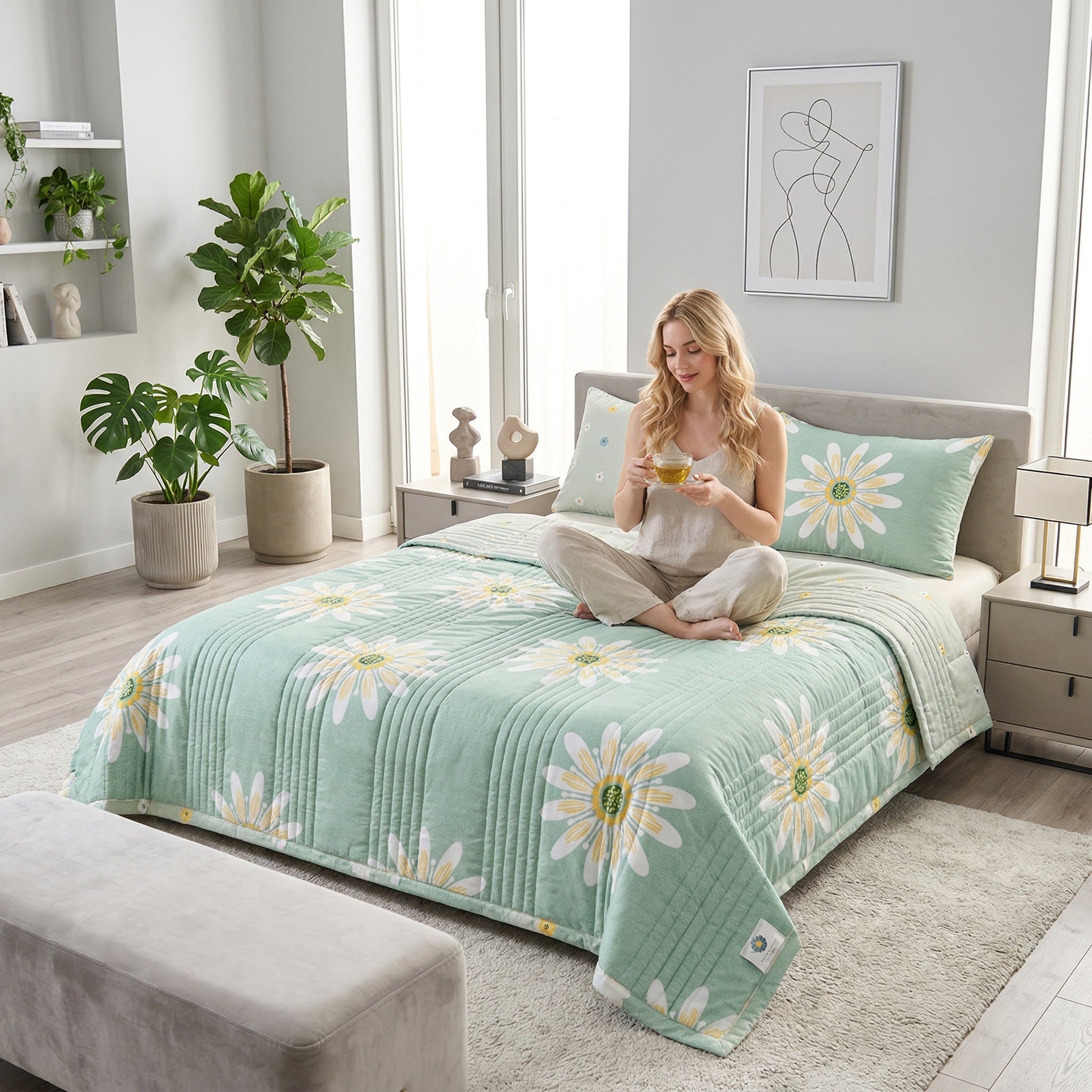 Woman on a bed with a mint green Summer Breeze Lightweight Blanket featuring white and yellow daisy patchwork.