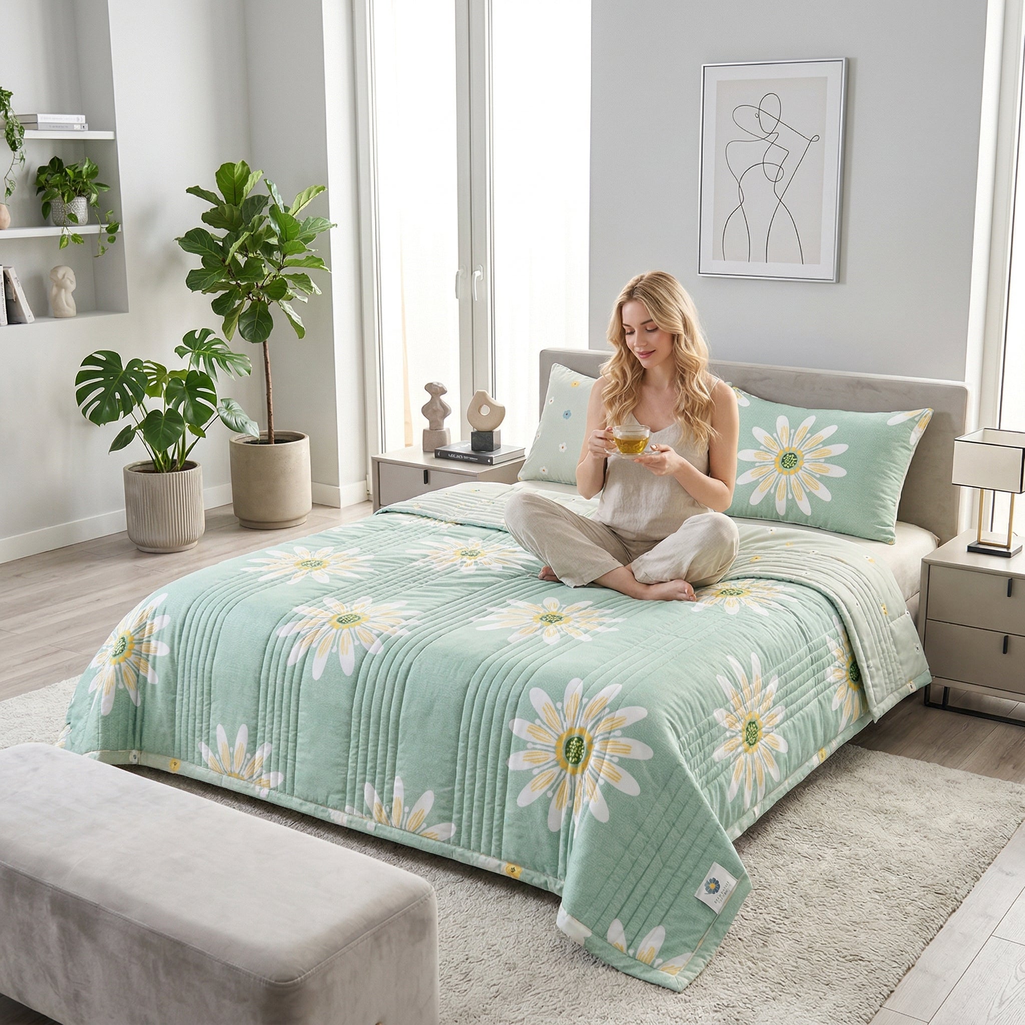 Woman on a bed with a mint green Summer Breeze Lightweight Blanket featuring white and yellow daisy patchwork.
