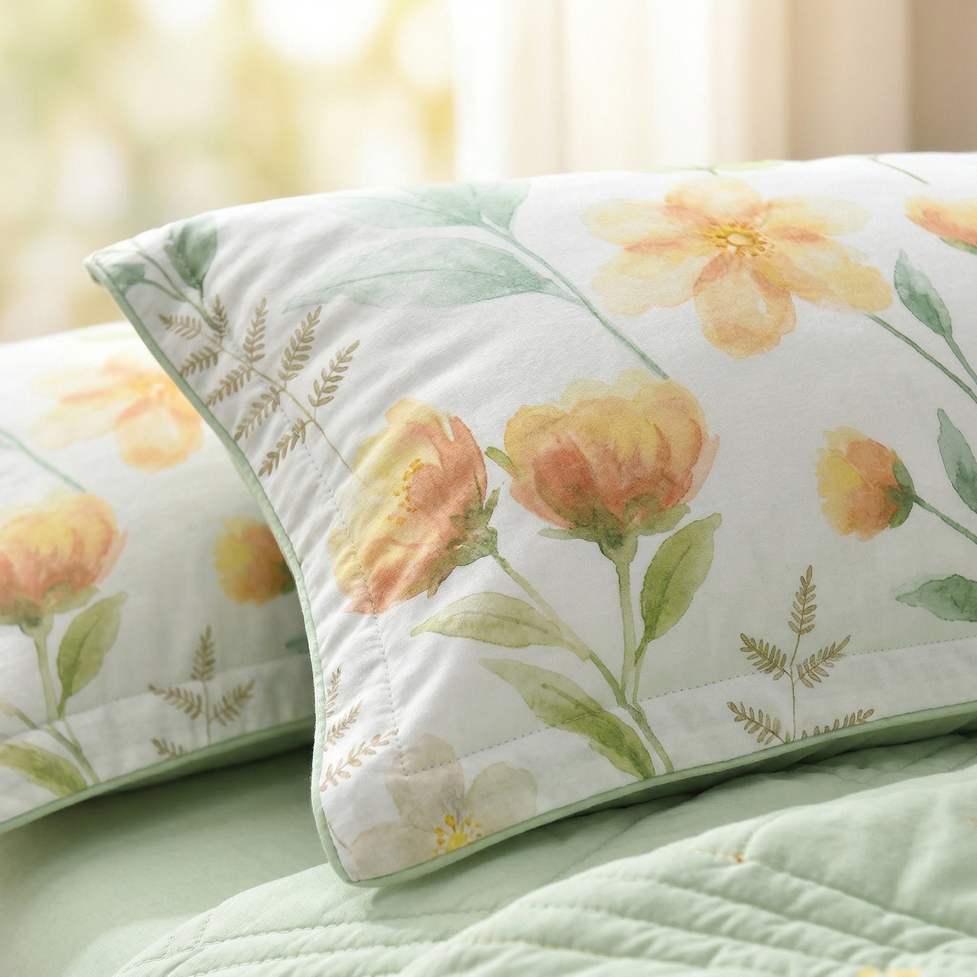 White microfiber pillowcases with yellow and orange floral watercolor design, light green trim, on a quilted green blanket.