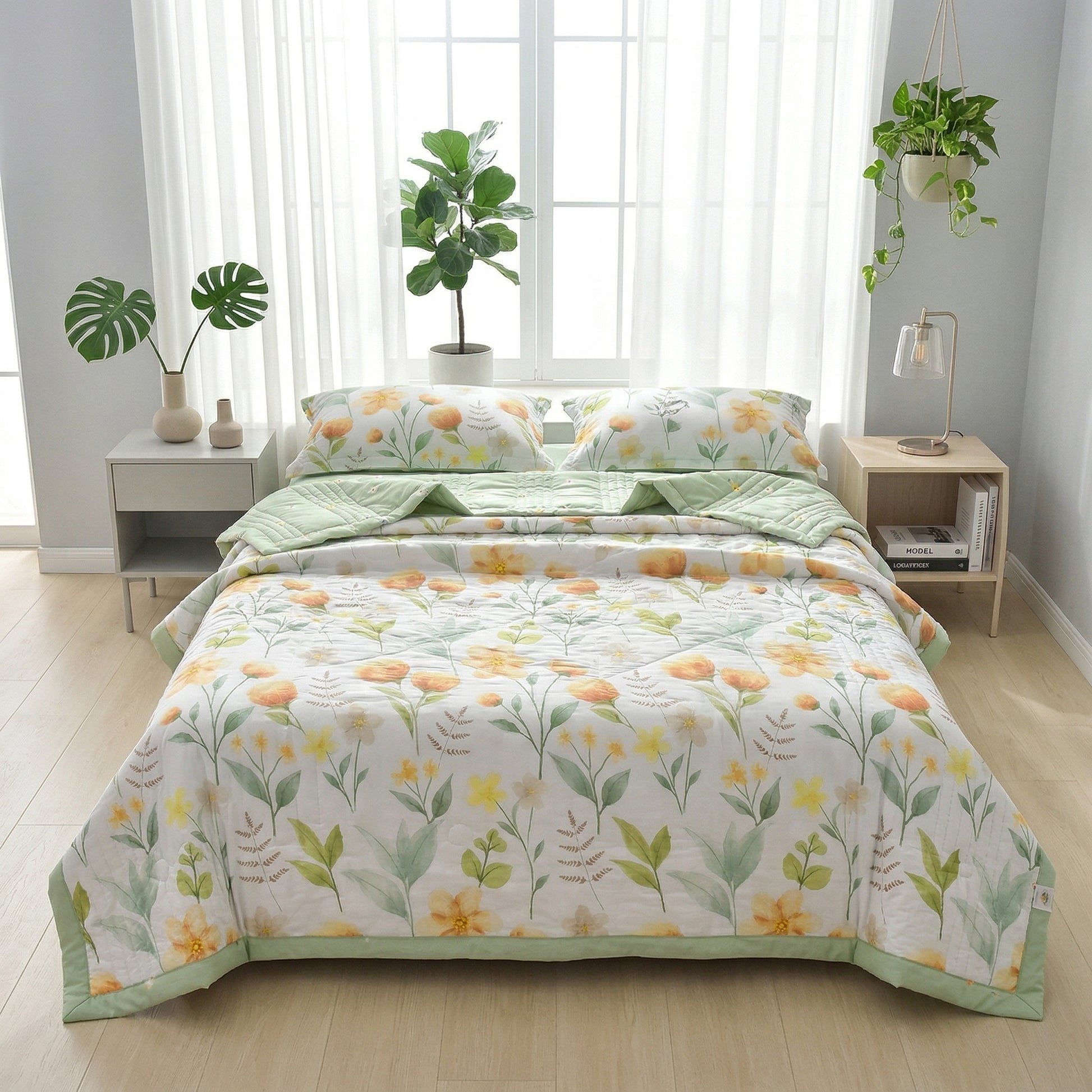 Queen size Summer Breeze lightweight blanket with yellow floral and green leaf pattern, green border, and two matching pillowcases on a bed.