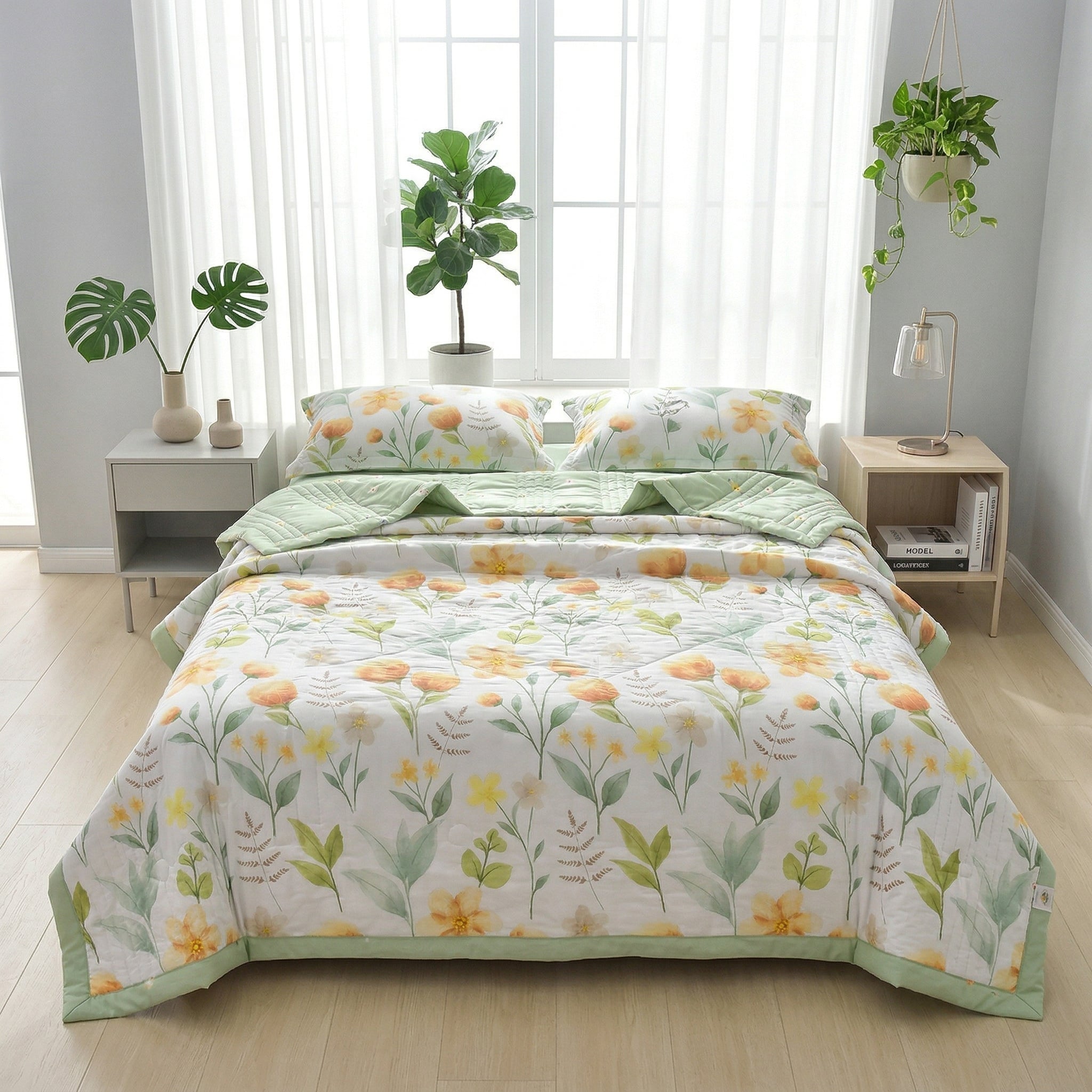 Queen size Summer Breeze lightweight blanket with yellow floral and green leaf pattern, green border, and two matching pillowcases on a bed.