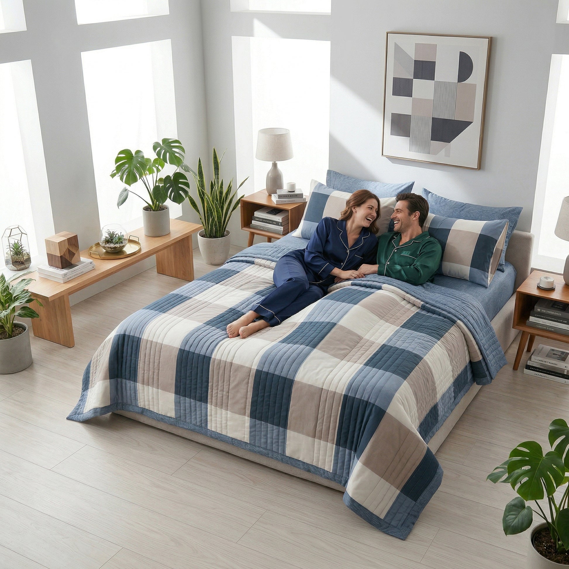 Couple on a bed with a blue, beige, and white patchwork microfiber Summer Breeze lightweight blanket.