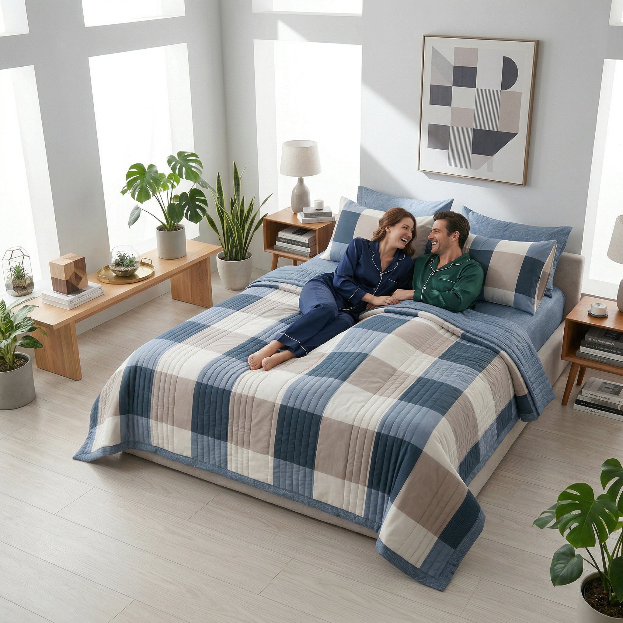 Couple on a bed with a blue, beige, and white patchwork microfiber Summer Breeze lightweight blanket.
