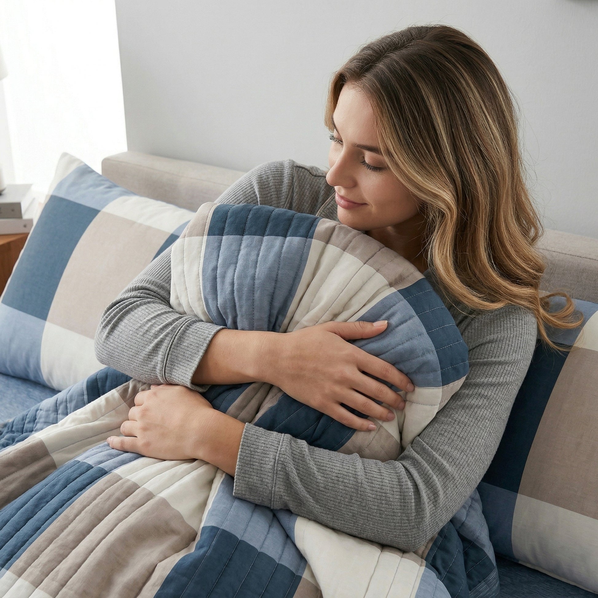 Woman hugging a soft, lightweight Summer Breeze microfiber quilt with blue, light blue, and beige patchwork squares.
