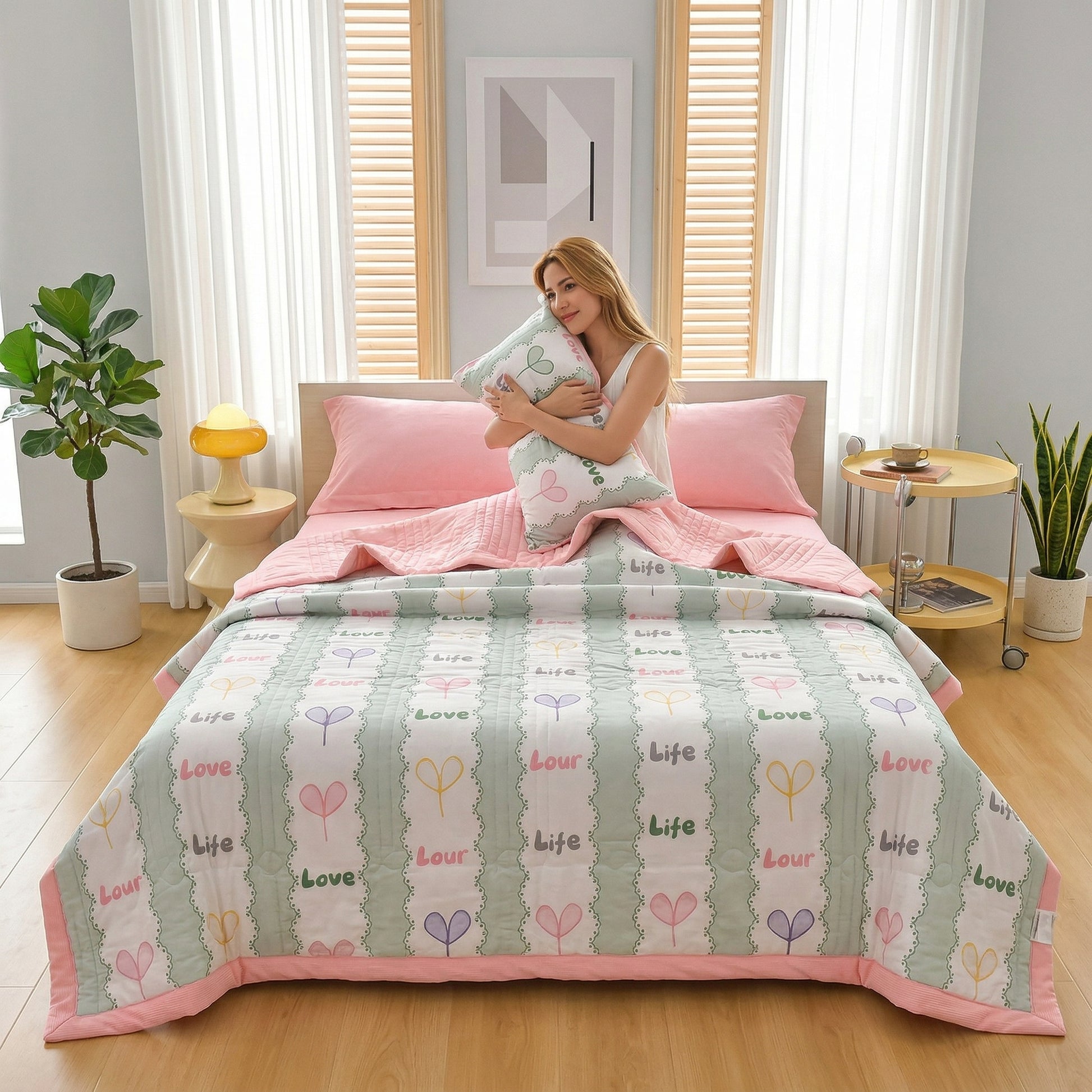 Woman on a bed with a pink and green patchwork quilt featuring "Love Life" text and heart designs.