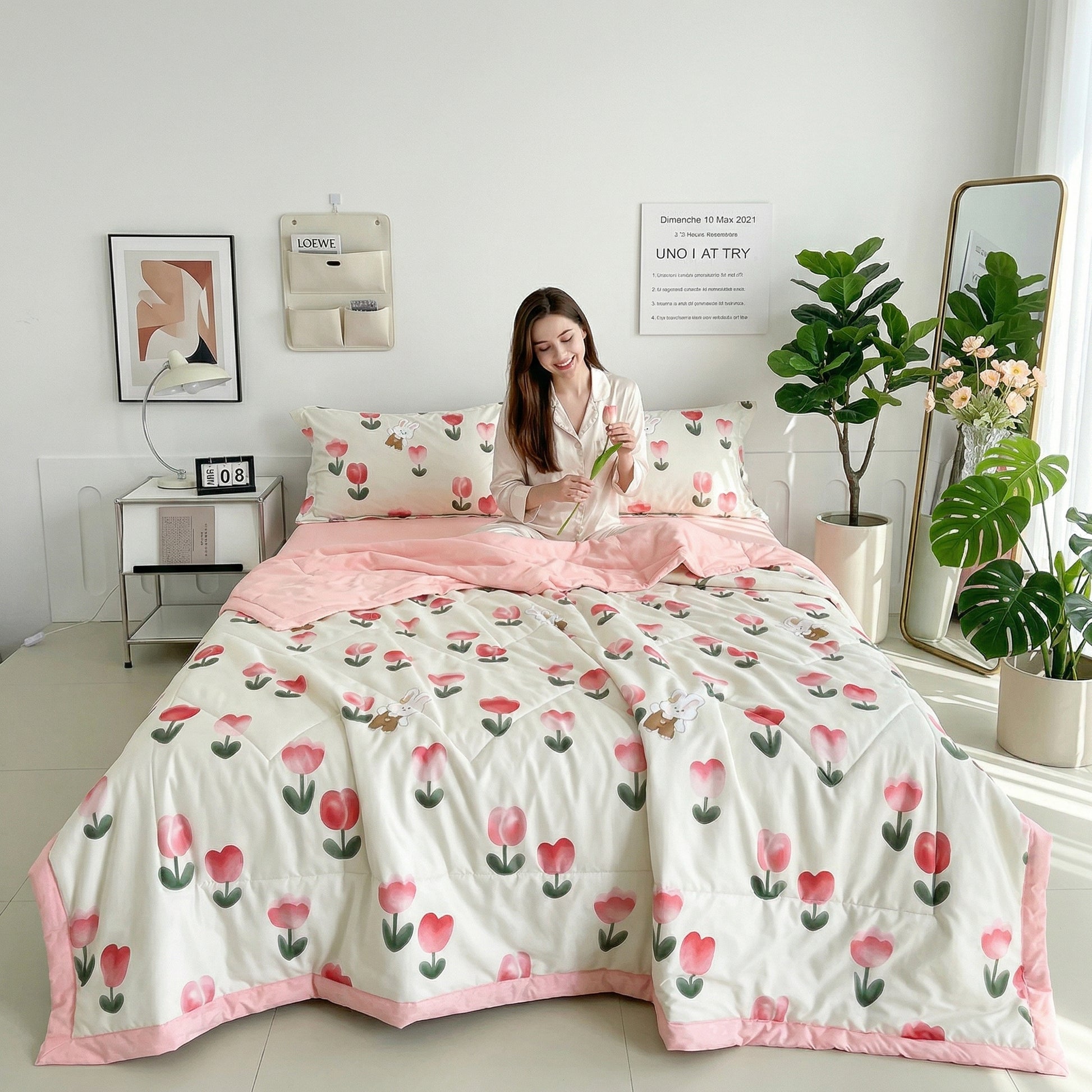 Woman on a bed with a white Summer Breeze lightweight blanket featuring pink tulip and butterfly patterns.