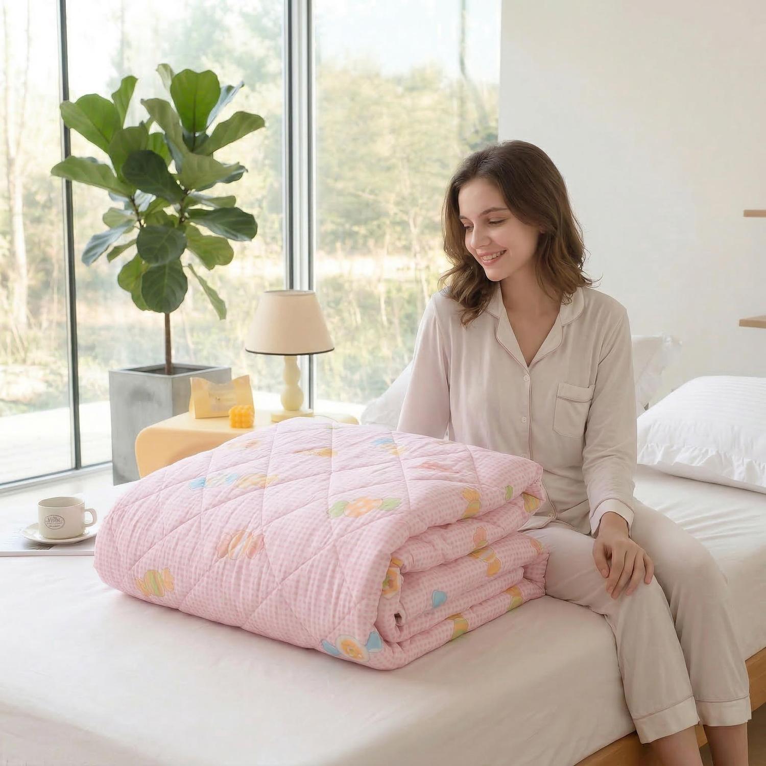 Smiling woman in pajamas on a bed with a folded pink summer comforter featuring a colorful fruit pattern.