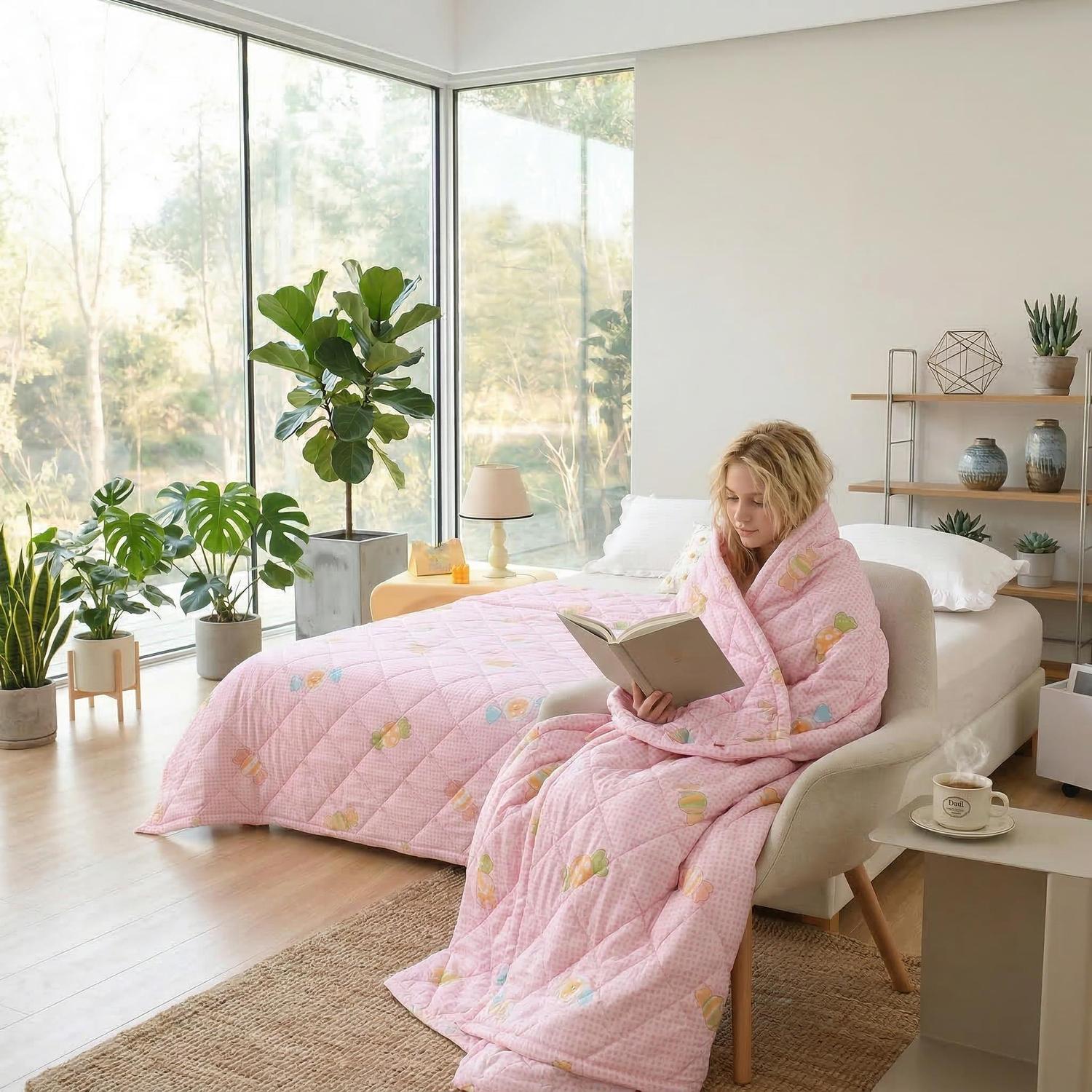 Woman reading in a pink ultrasonic quilted summer comforter with fruit patterns, in a bright bedroom.