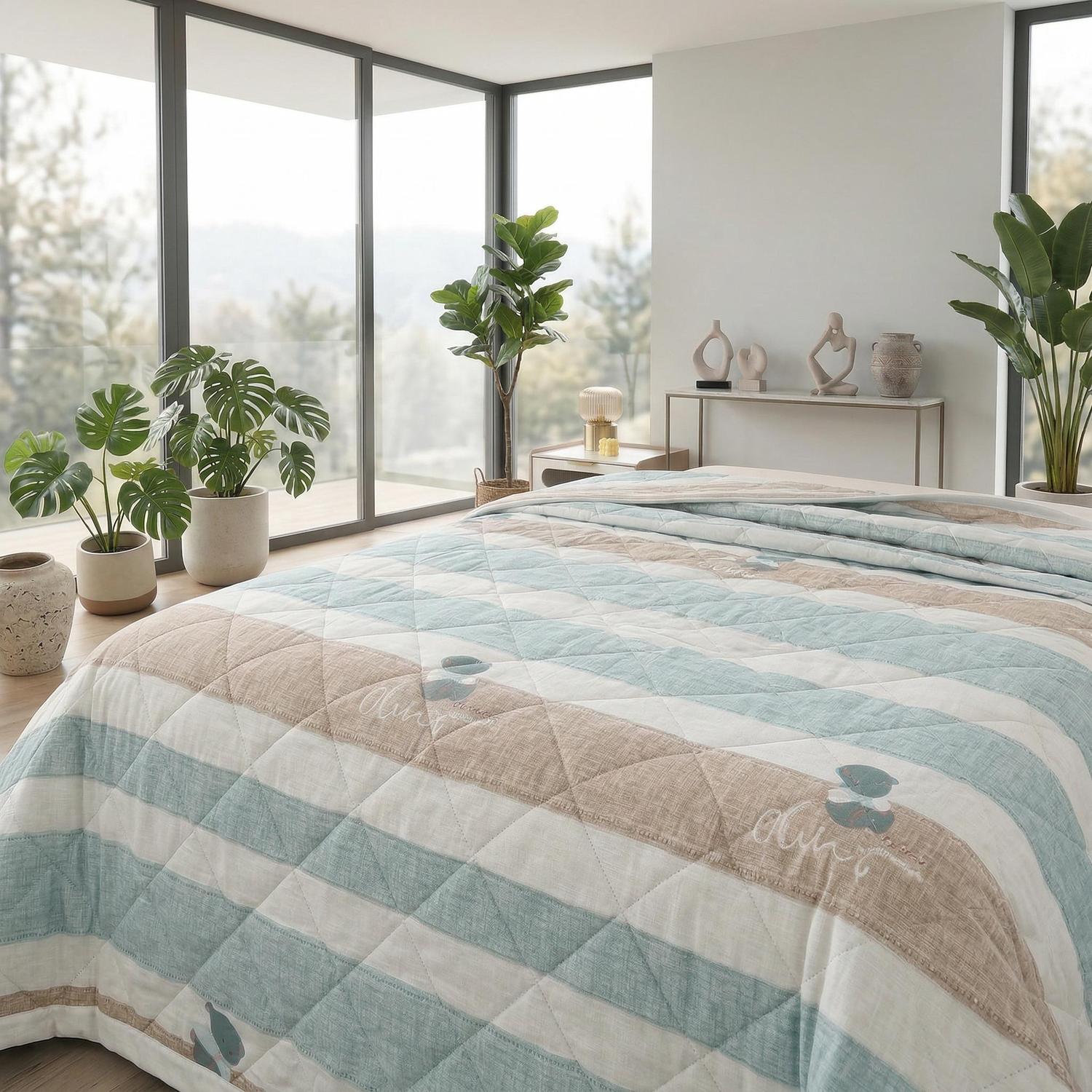 Lightweight ultrasonic quilted comforter with blue, beige, and white stripes, featuring a subtle floral design.