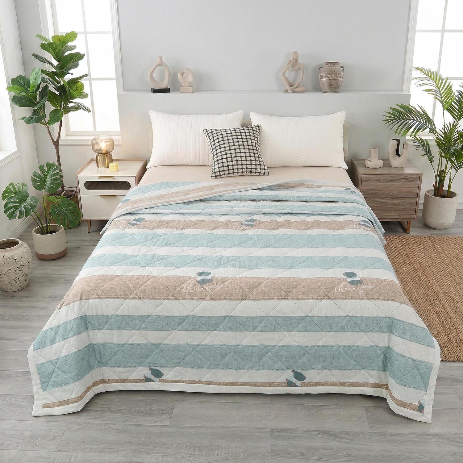 Lightweight Summer Comforter with blue, beige, and white stripes, ultrasonic quilted design, and subtle leaf patterns.