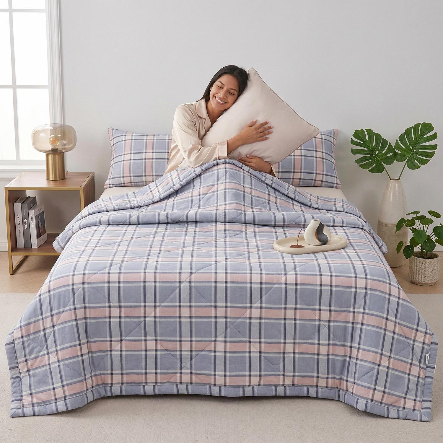 Woman in pajamas on a bed with a blue and pink plaid ultrasonic quilted summer comforter and pillow shams.