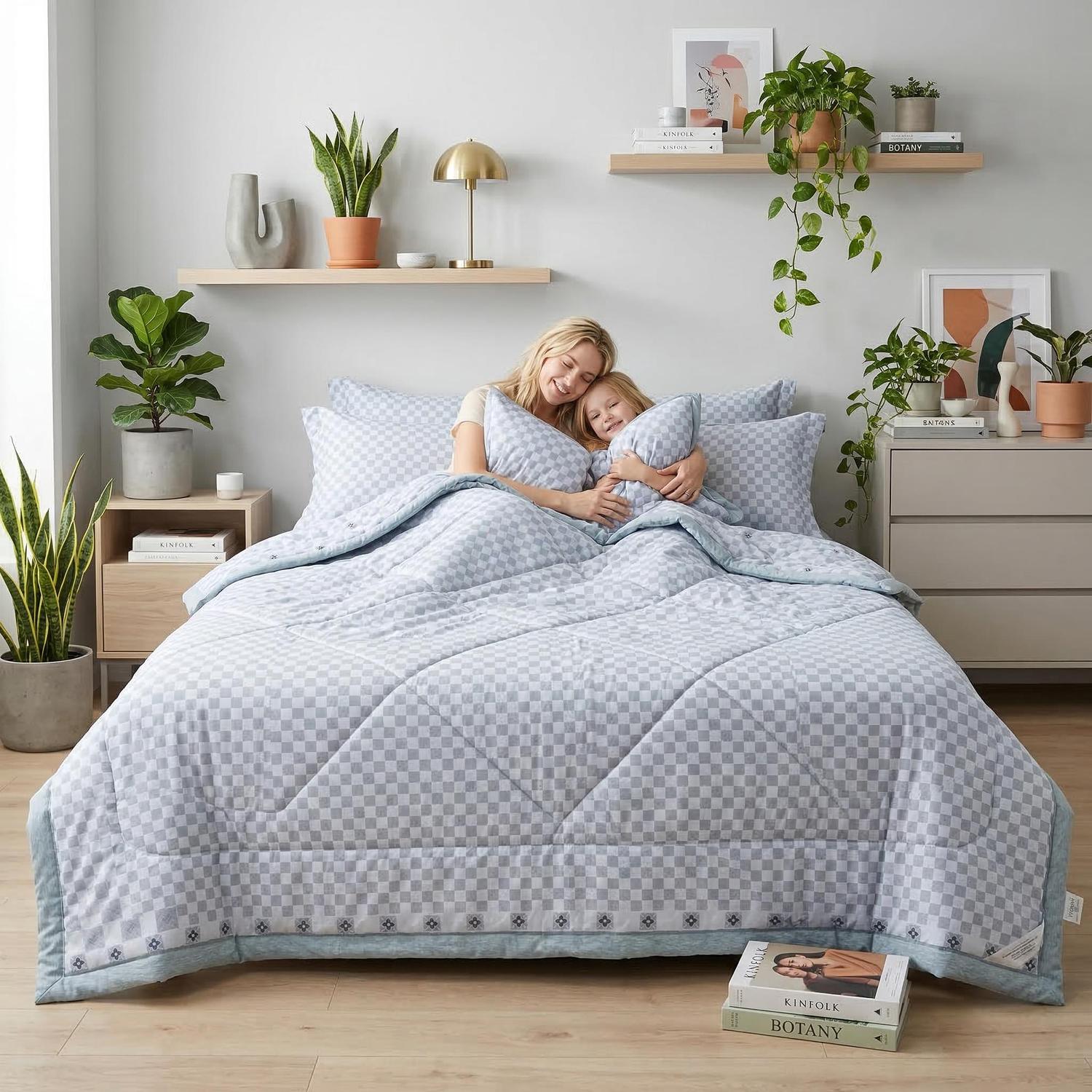 Woman and child on a bed with a light blue and white checkered ice silk quilt set.
