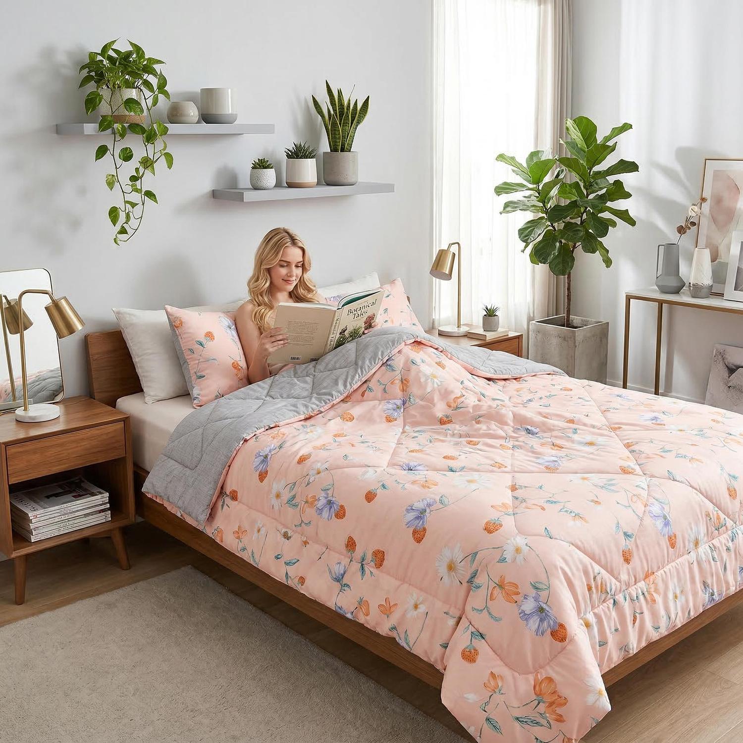 Blonde woman reading in bed with a reversible pink floral and gray ice silk quilt set.