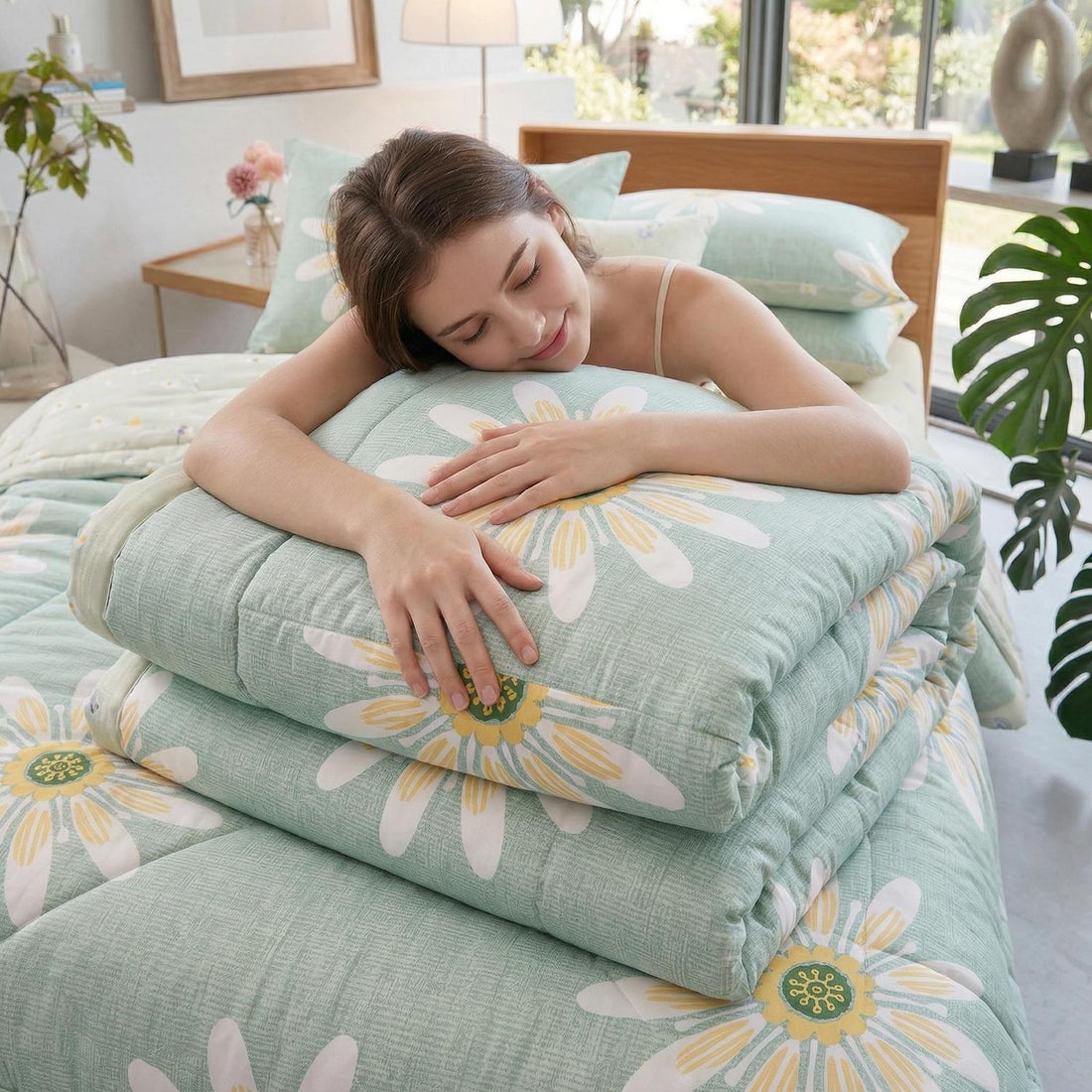 Woman on a bed with a light green cooling quilt blanket featuring yellow and white floral patterns.