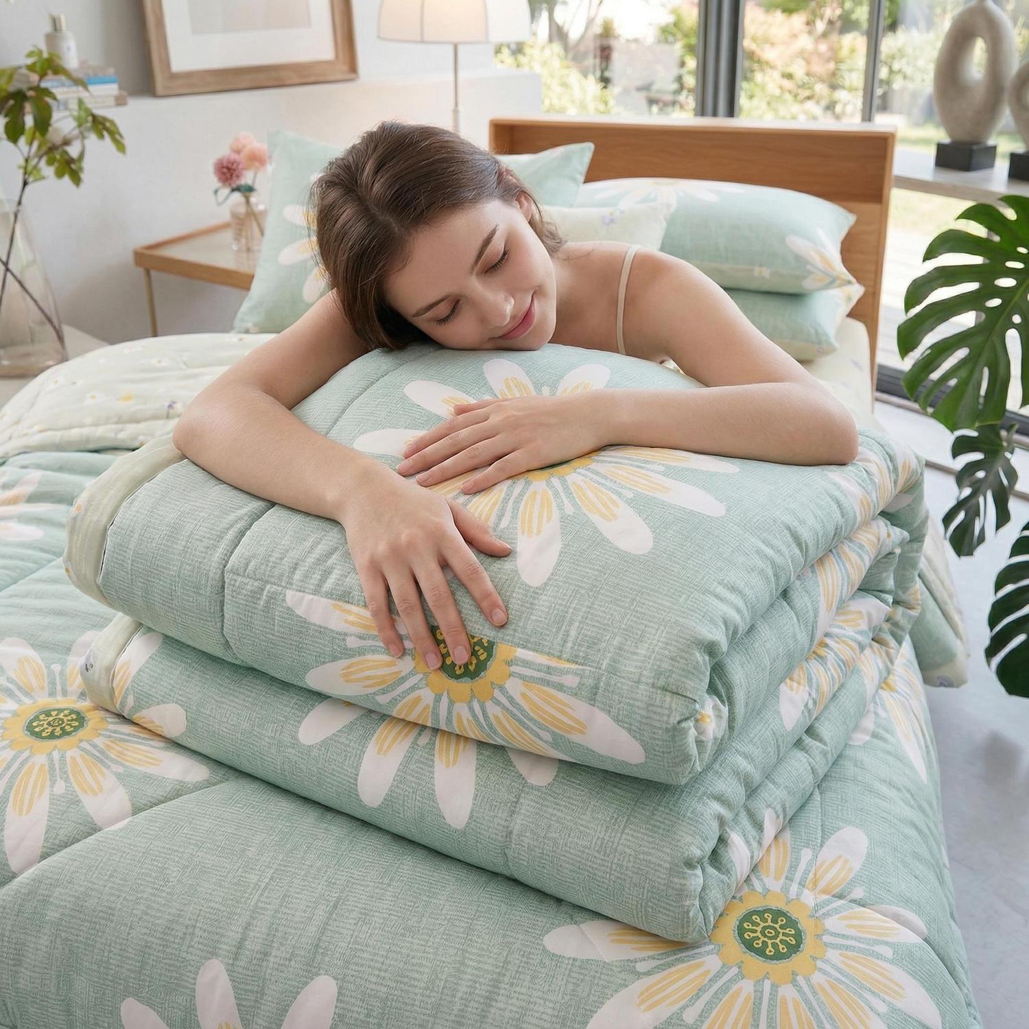 Woman resting on a stack of light green cooling quilts with white and yellow daisy patterns.