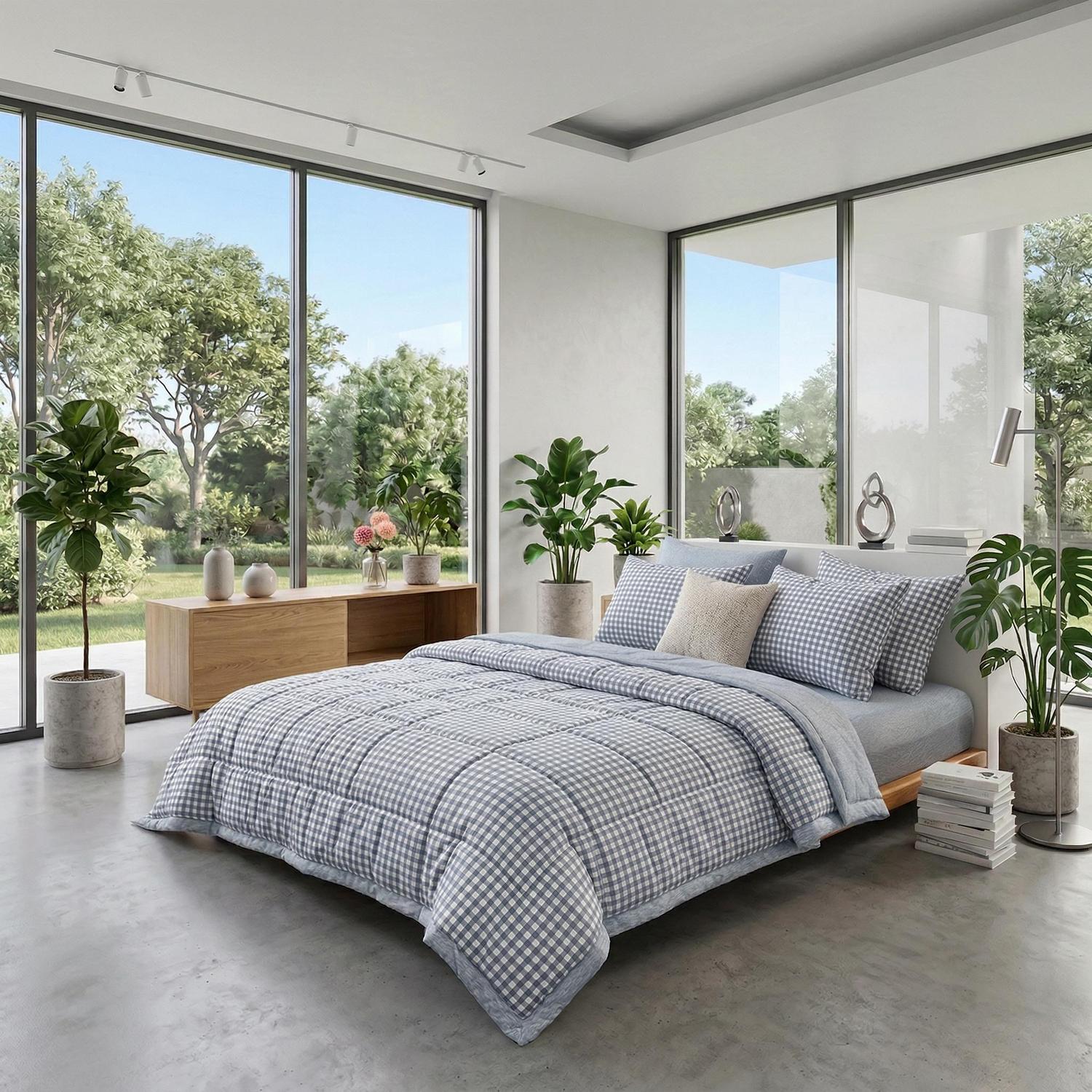 Blue and white gingham cooling quilt on a bed in a modern bedroom with large windows.