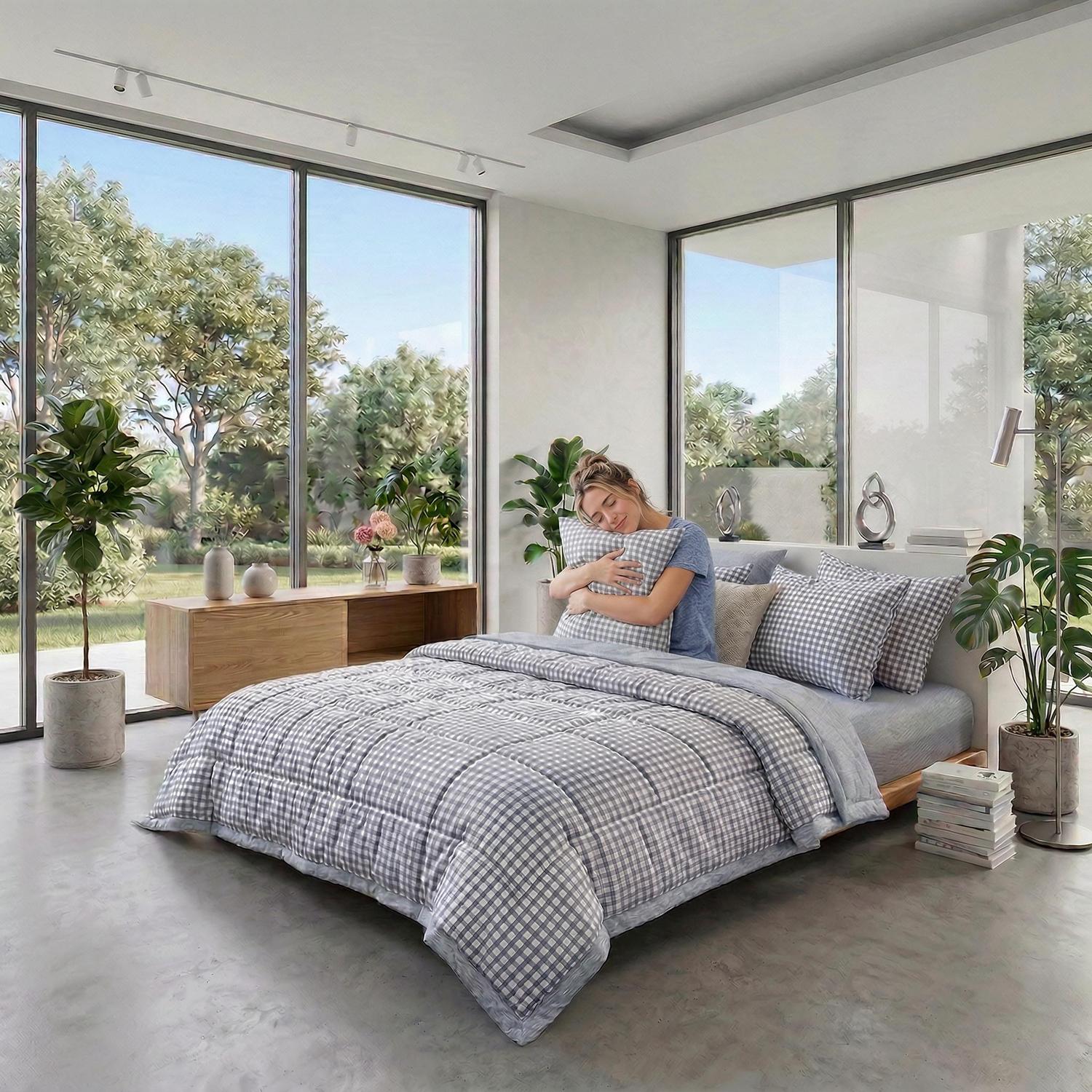 Woman relaxing on a bed with a gray and white gingham cooling quilt and matching pillow shams in a bright bedroom.