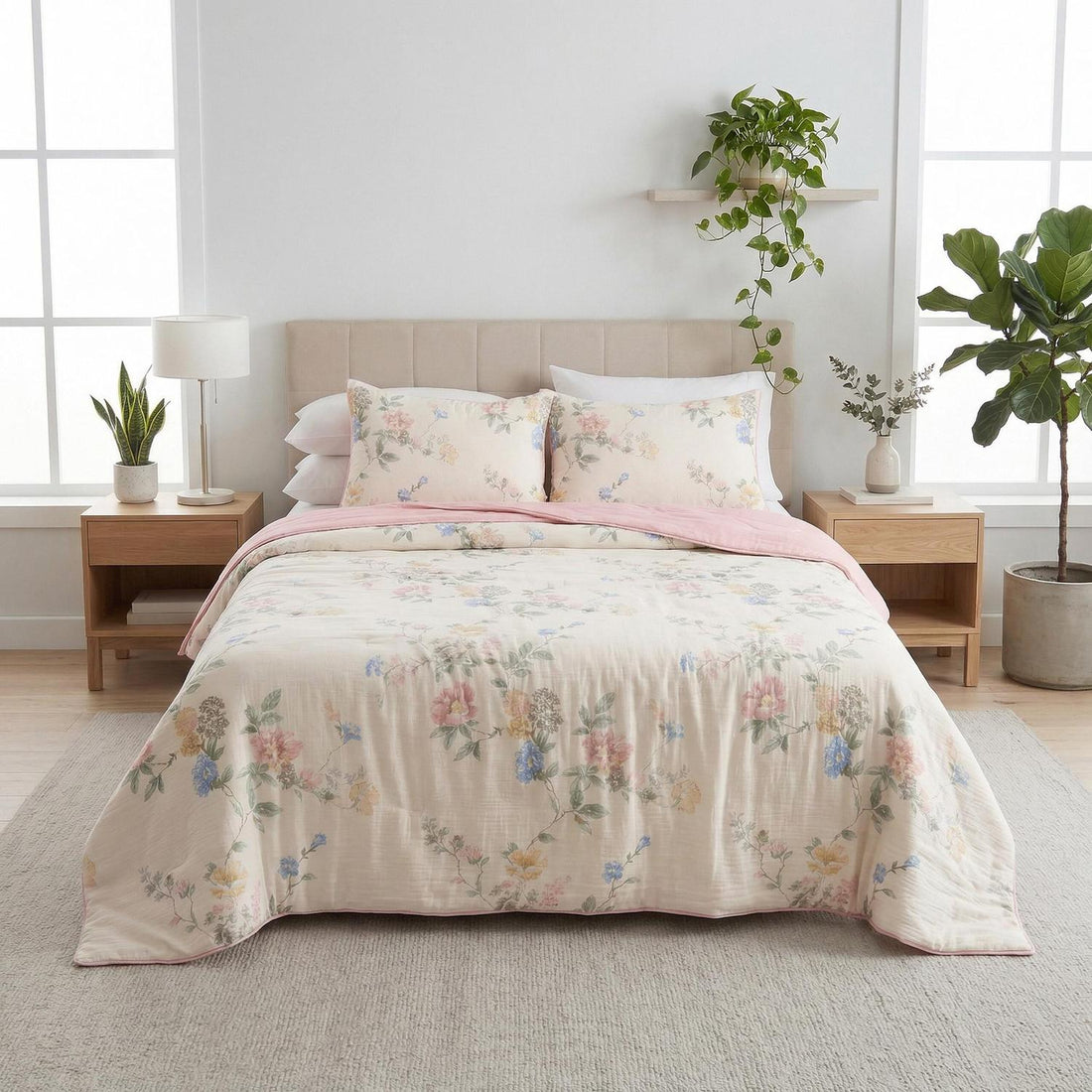 Queen size Summer Inspired Quilt Bedding Set with vibrant floral patterns and pink trim.
