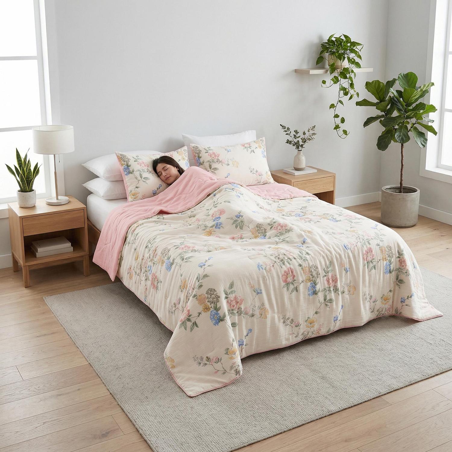 Summer Inspired Queen quilt bedding set with vibrant floral patterns and a pink reverse, on a bed with a sleeping person.