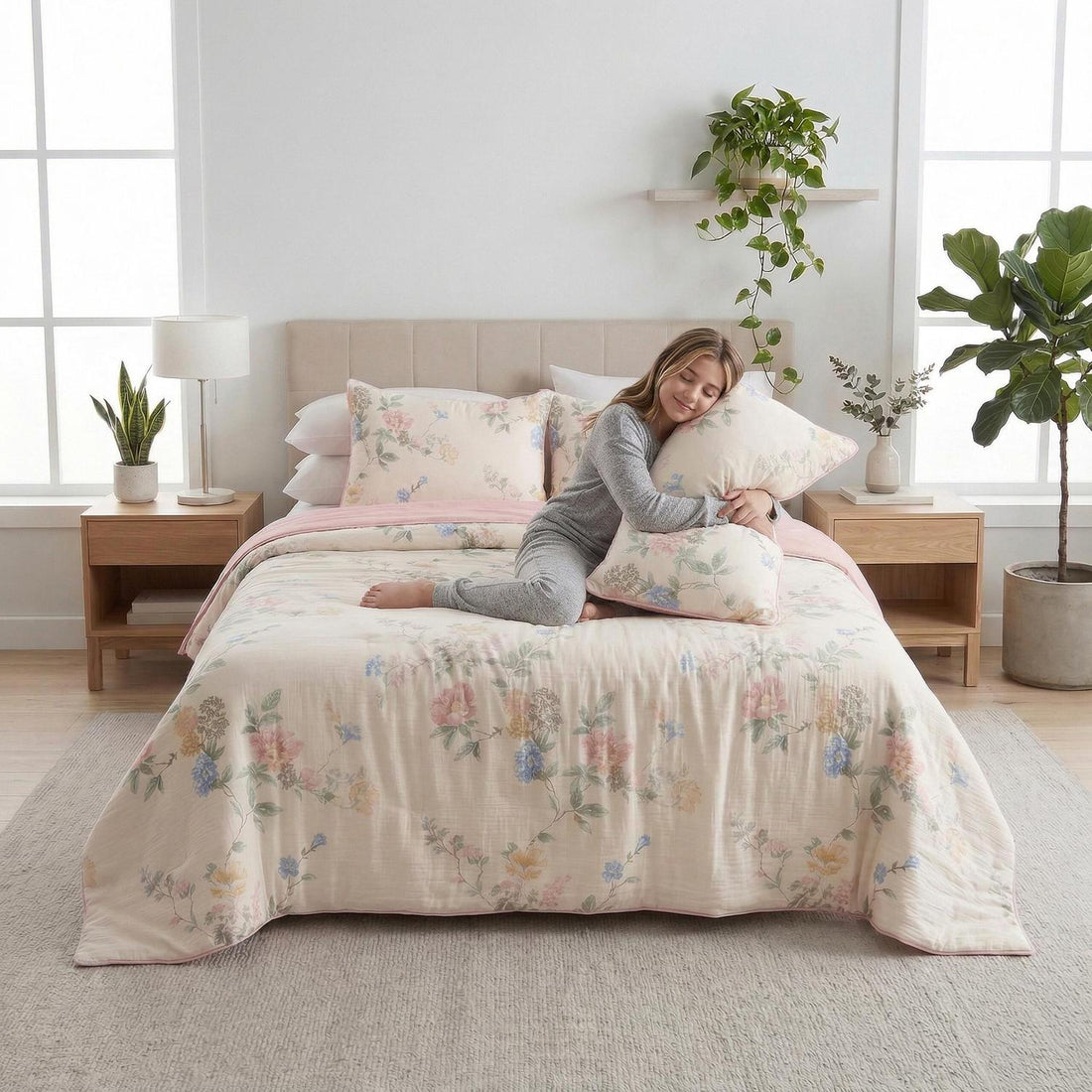 Queen size Summer Inspired Quilt Bedding Set with vibrant floral patterns and pink trim.