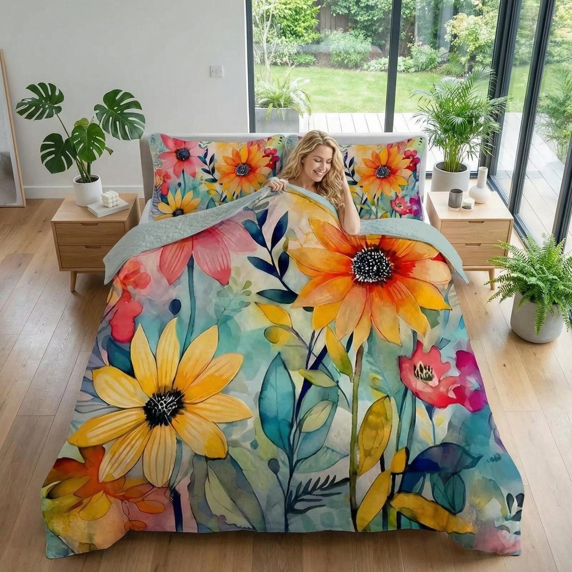 Smiling woman in a bed with a vibrant sunflower printed quilt set, featuring large yellow and orange flowers on a blue-green background.