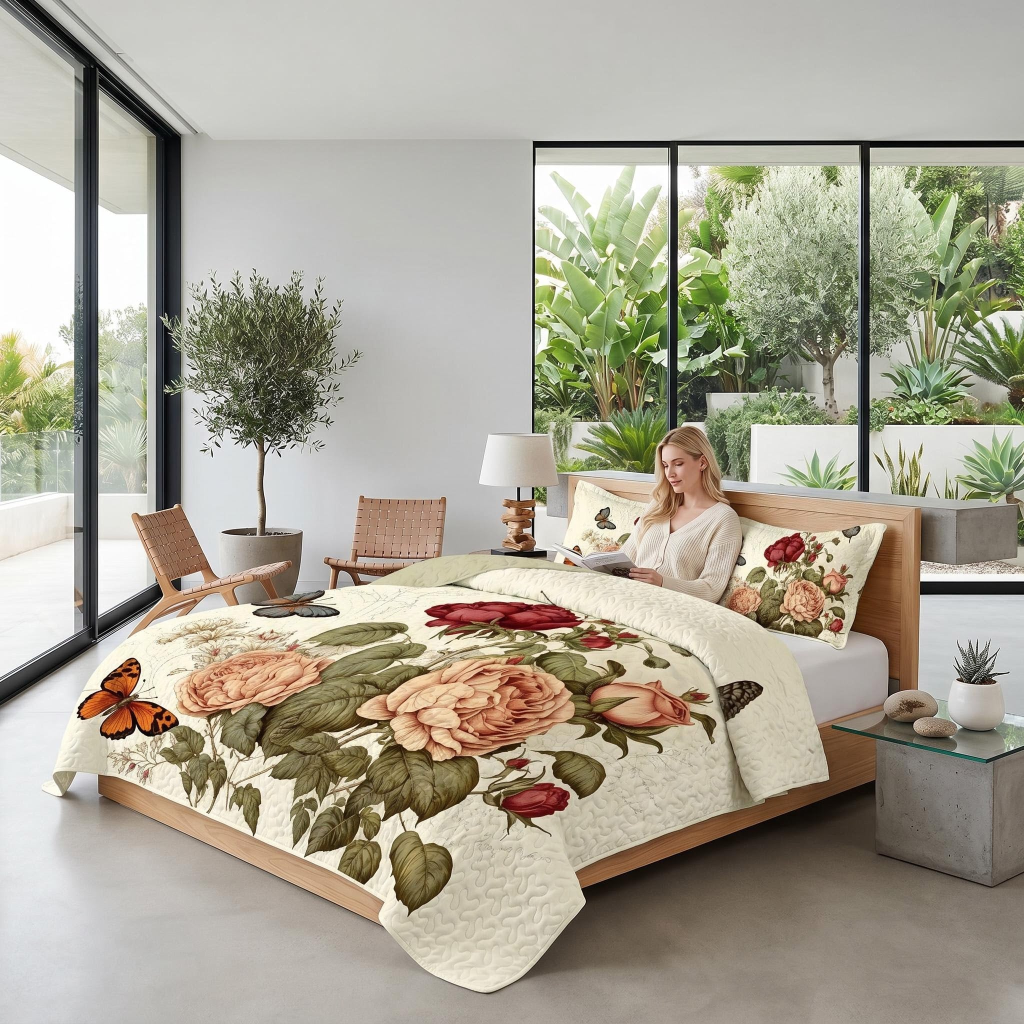 Elegant Sun Flower Printed Quilt Set with large peach and red roses, green leaves, and butterflies on a cream background.