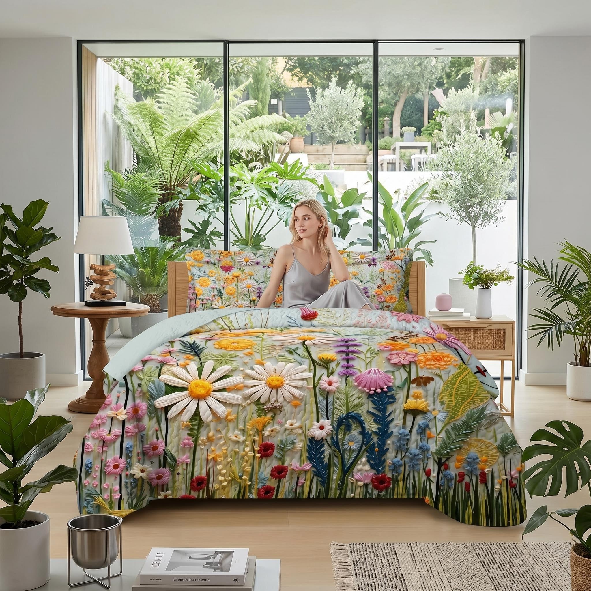 Woman on a bed with a vibrant, multi-color floral printed quilt set, featuring daisies and various wildflowers.