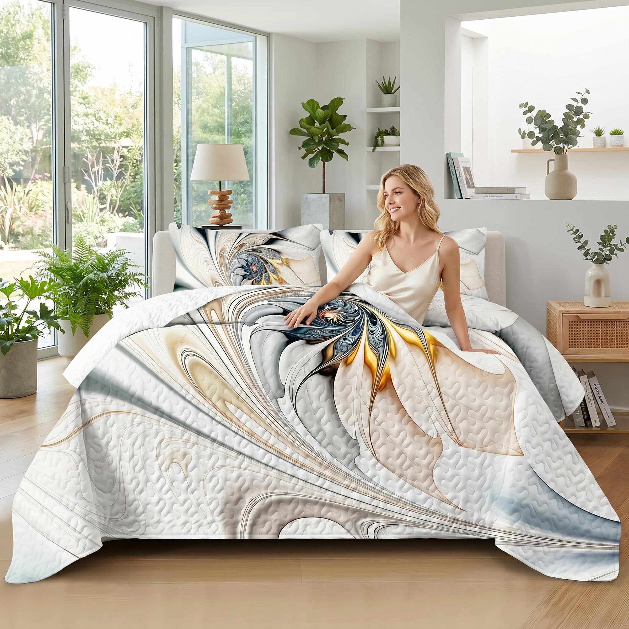 Blonde woman on a bed with a white, gold, and blue abstract floral quilt set in a bright bedroom.