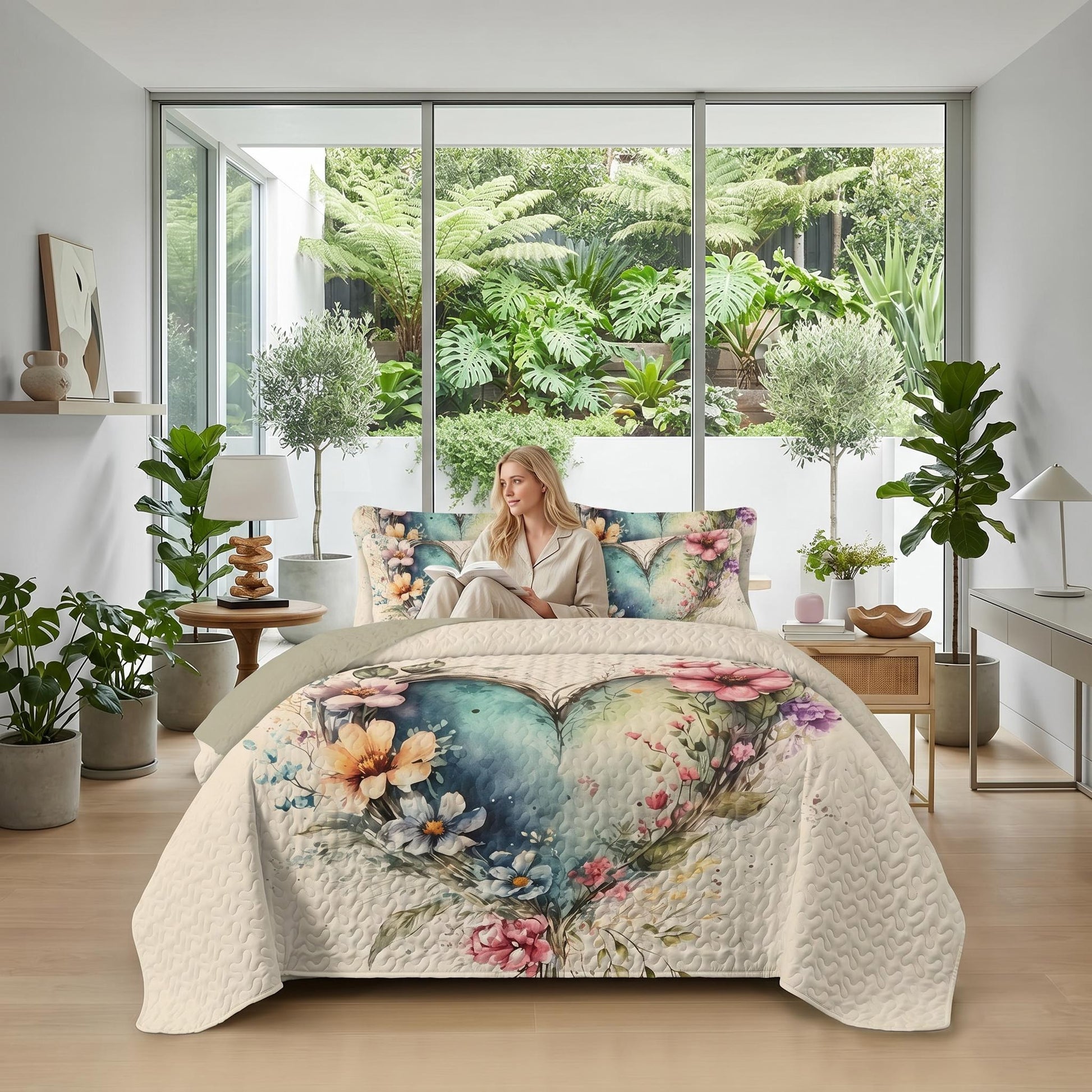 Elegant Sun Flower Printed Quilt Set with a heart-shaped floral design on a bed in a bright room.
