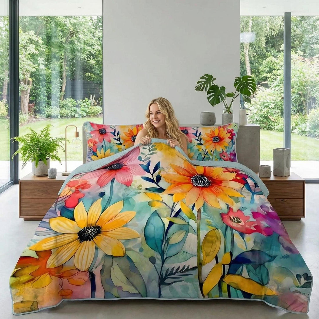 Blonde woman smiling in a bed with a vibrant sunflower printed quilt set, featuring yellow, orange, and pink floral designs.