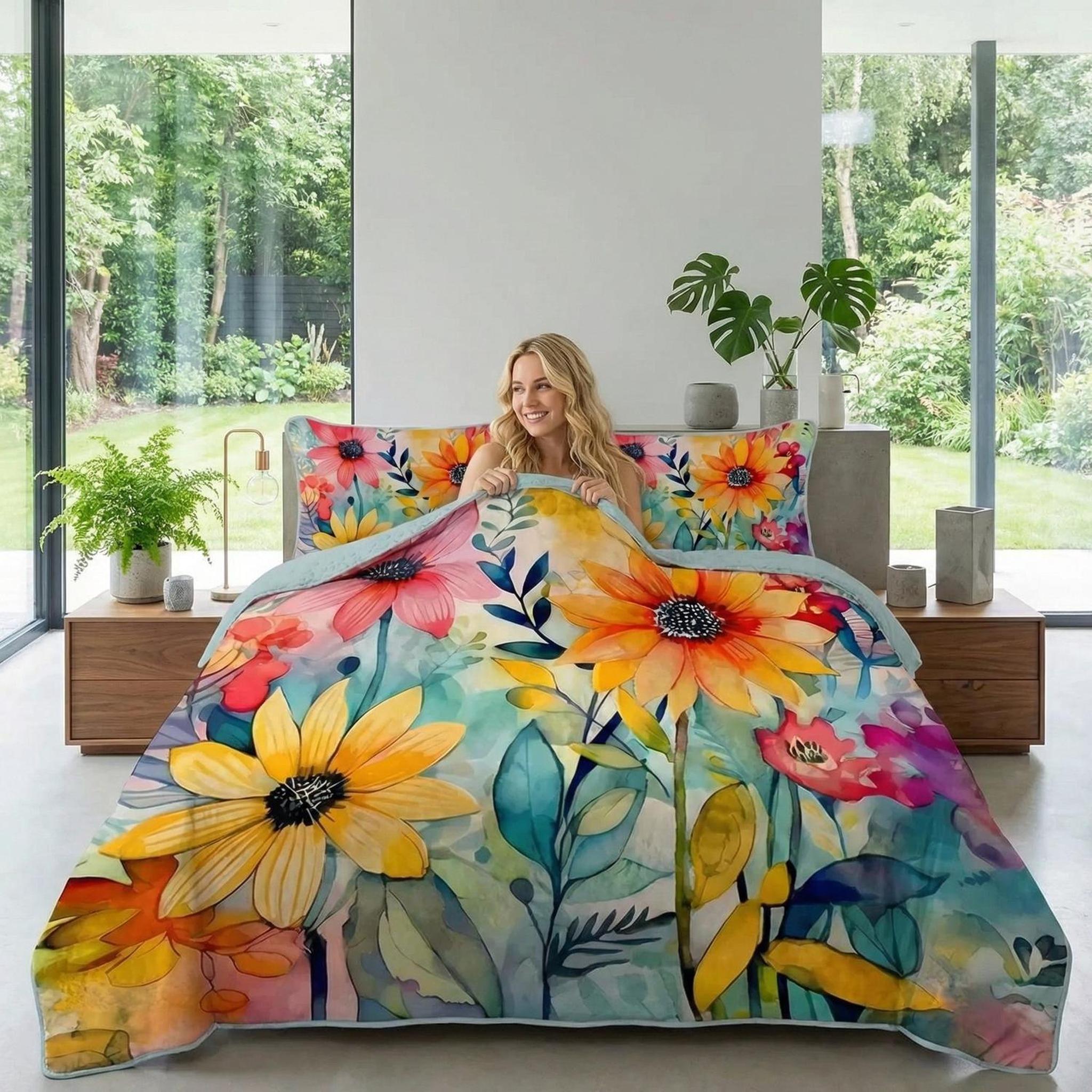 Blonde woman smiling in a bed with a vibrant sunflower printed quilt set, featuring yellow, orange, and pink floral designs.