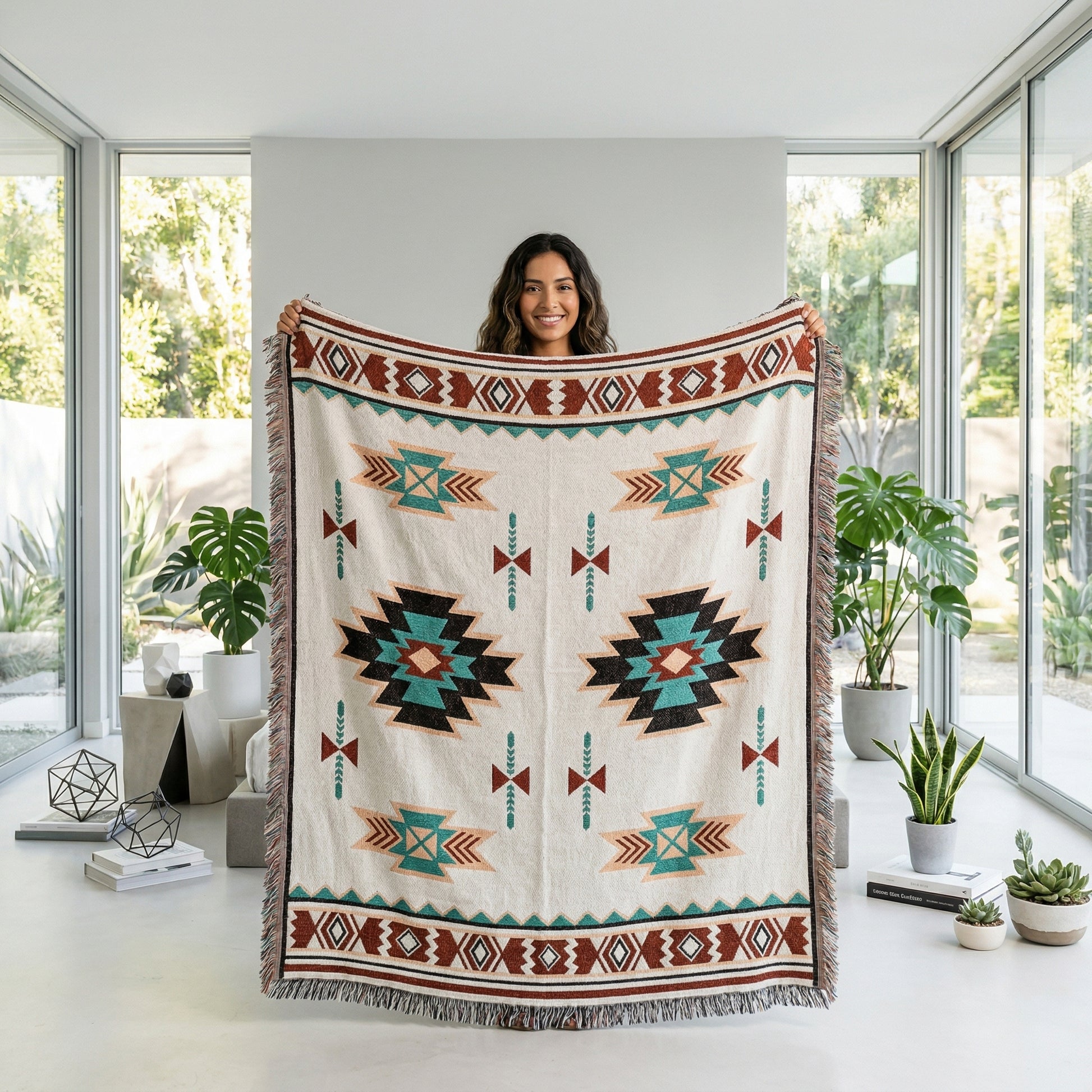 Woman holding a cotton-linen Sunset Throw Blanket with a boho-inspired, multicolored woven pattern and tasseled edges.