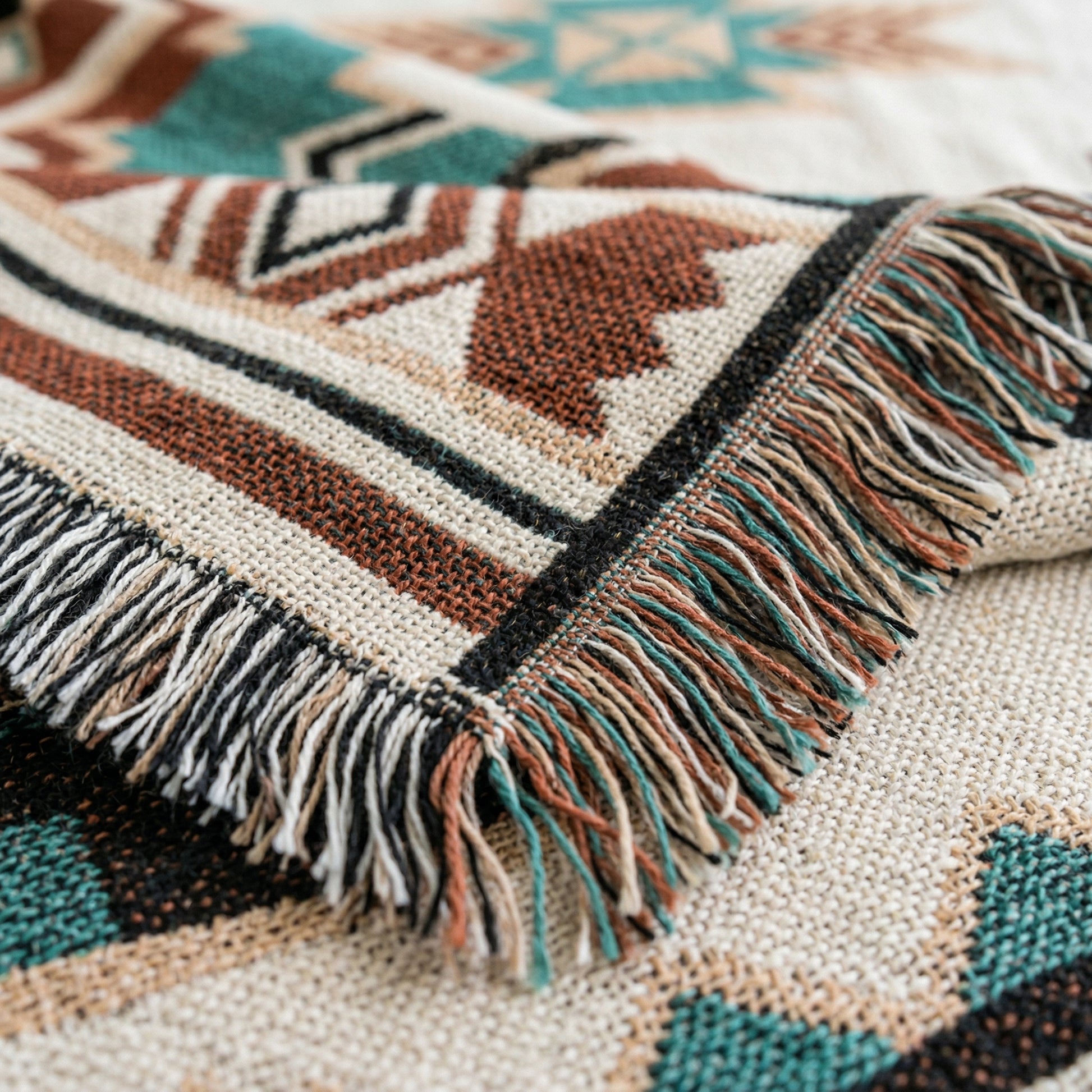 Woven cotton-linen blend throw blanket with boho-inspired pattern, tasseled edge, and neutral tones.