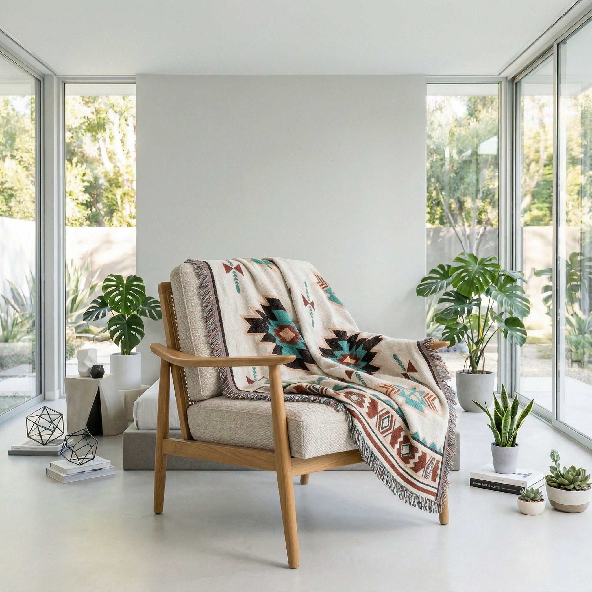 Boho-inspired Sunset Throw Blanket in cotton-linen blend with woven pattern and tasseled edge draped over a chair.
