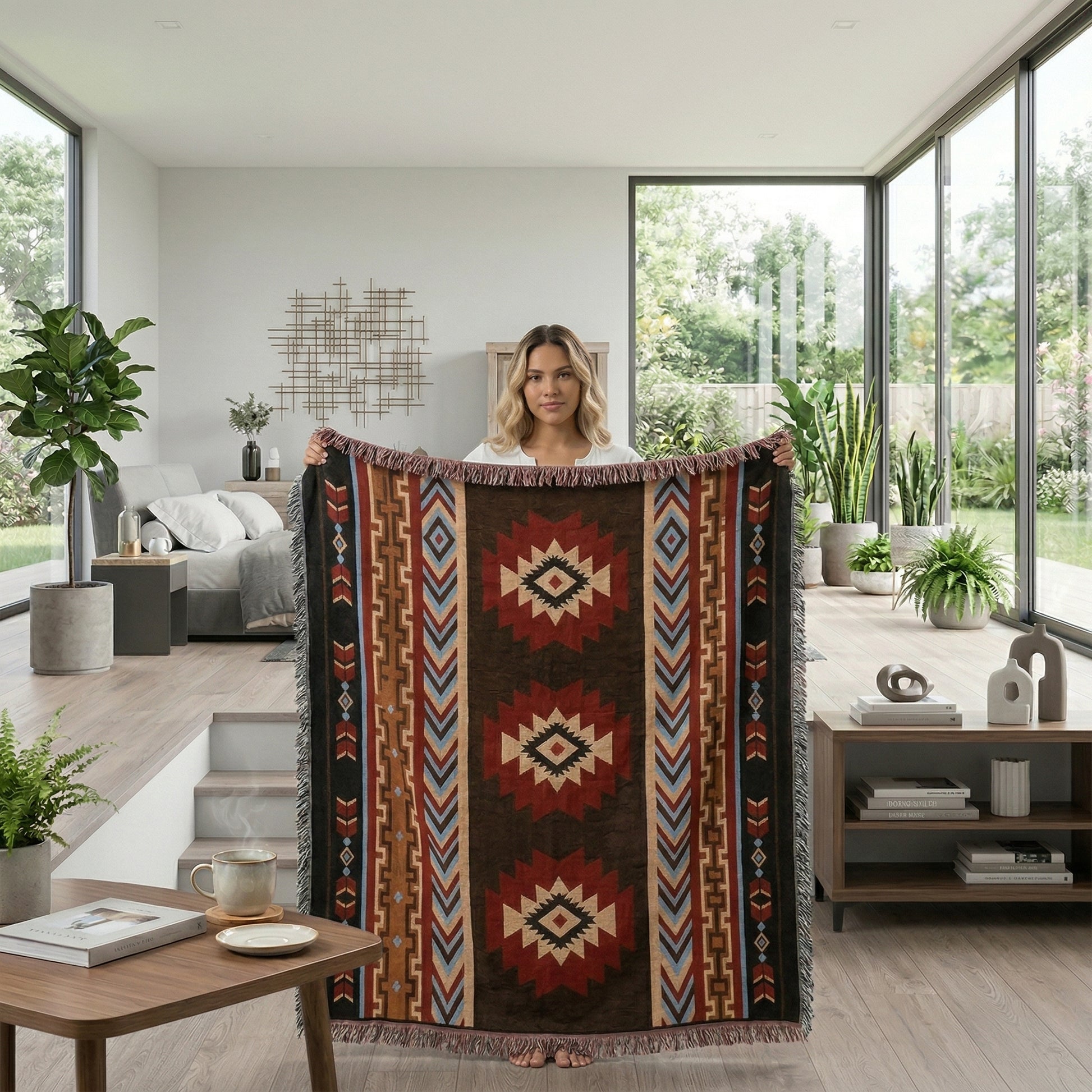 Woman holding a brown cotton-linen Sunset Throw Blanket with a boho-inspired woven pattern and tasseled edges.