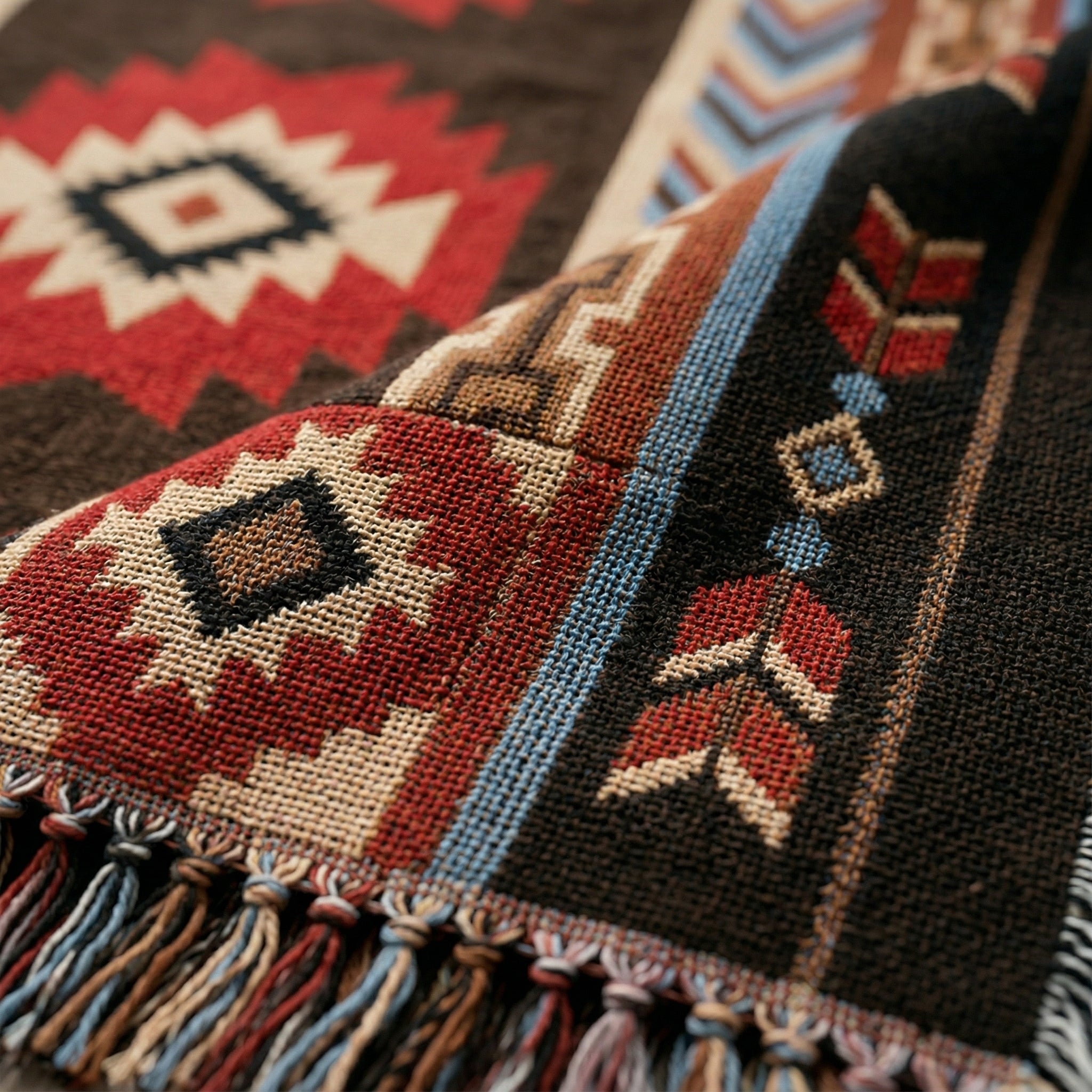 Woven cotton-linen blend Sunset Throw Blanket with a boho pattern, tasseled edge, and neutral tones.