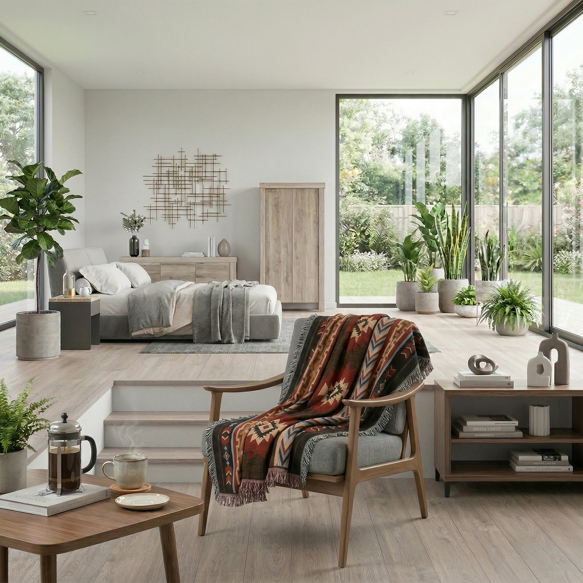 Boho-inspired Sunset Throw Blanket in warm tones with tassels, draped over a modern armchair in a bright living space.