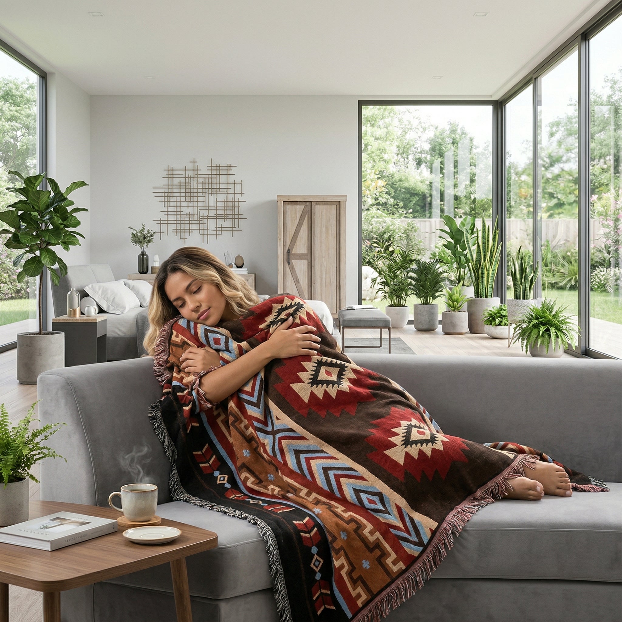Woman relaxing on a gray sofa, wrapped in a brown, red, and blue boho-patterned cotton-linen throw blanket with tassels.