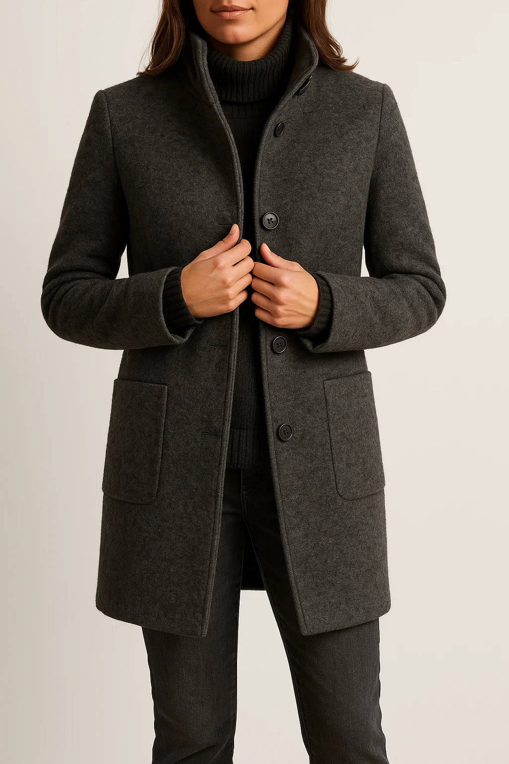 Tailored Black Wool Coat with High Neck and Patch Pockets 0
