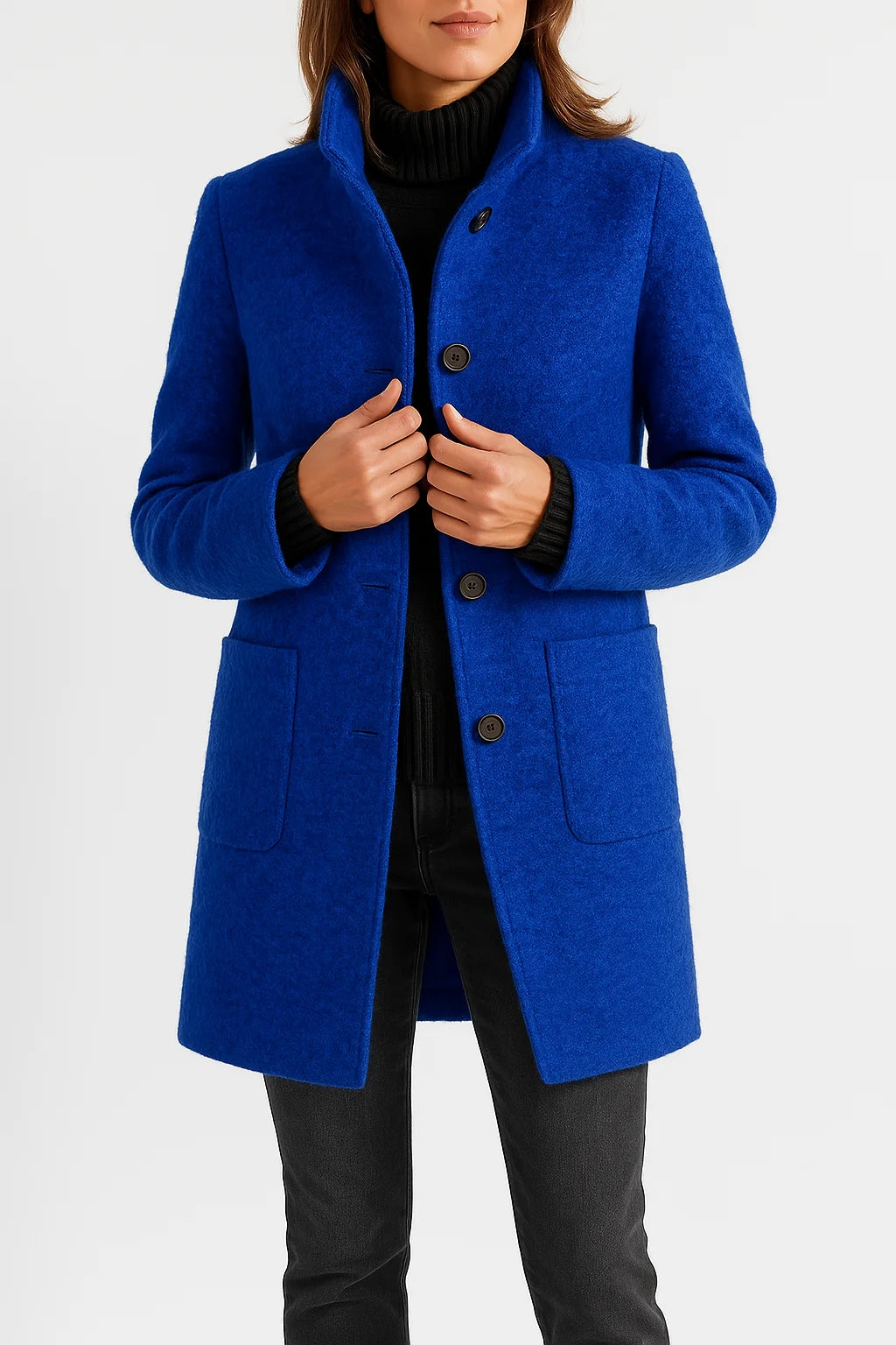 Tailored Black Wool Coat with High Neck and Patch Pockets 2