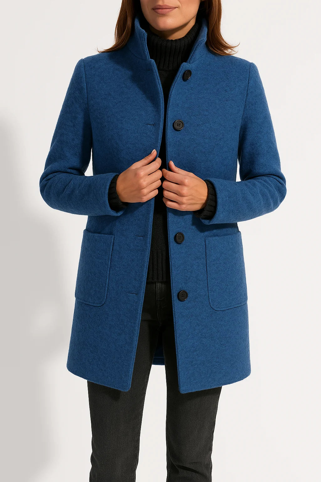 Tailored Black Wool Coat with High Neck and Patch Pockets 1