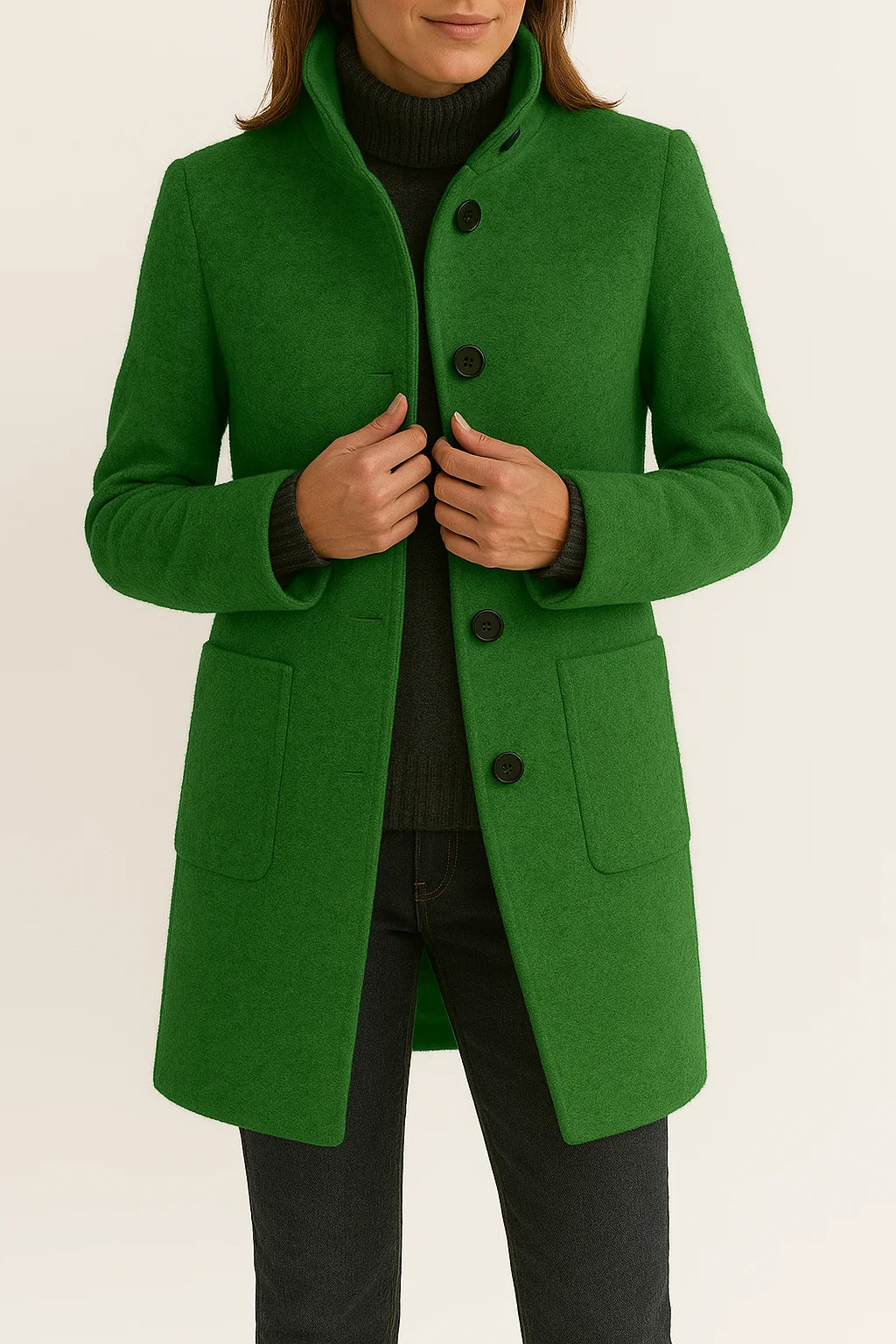 Tailored Black Wool Coat with High Neck and Patch Pockets 3