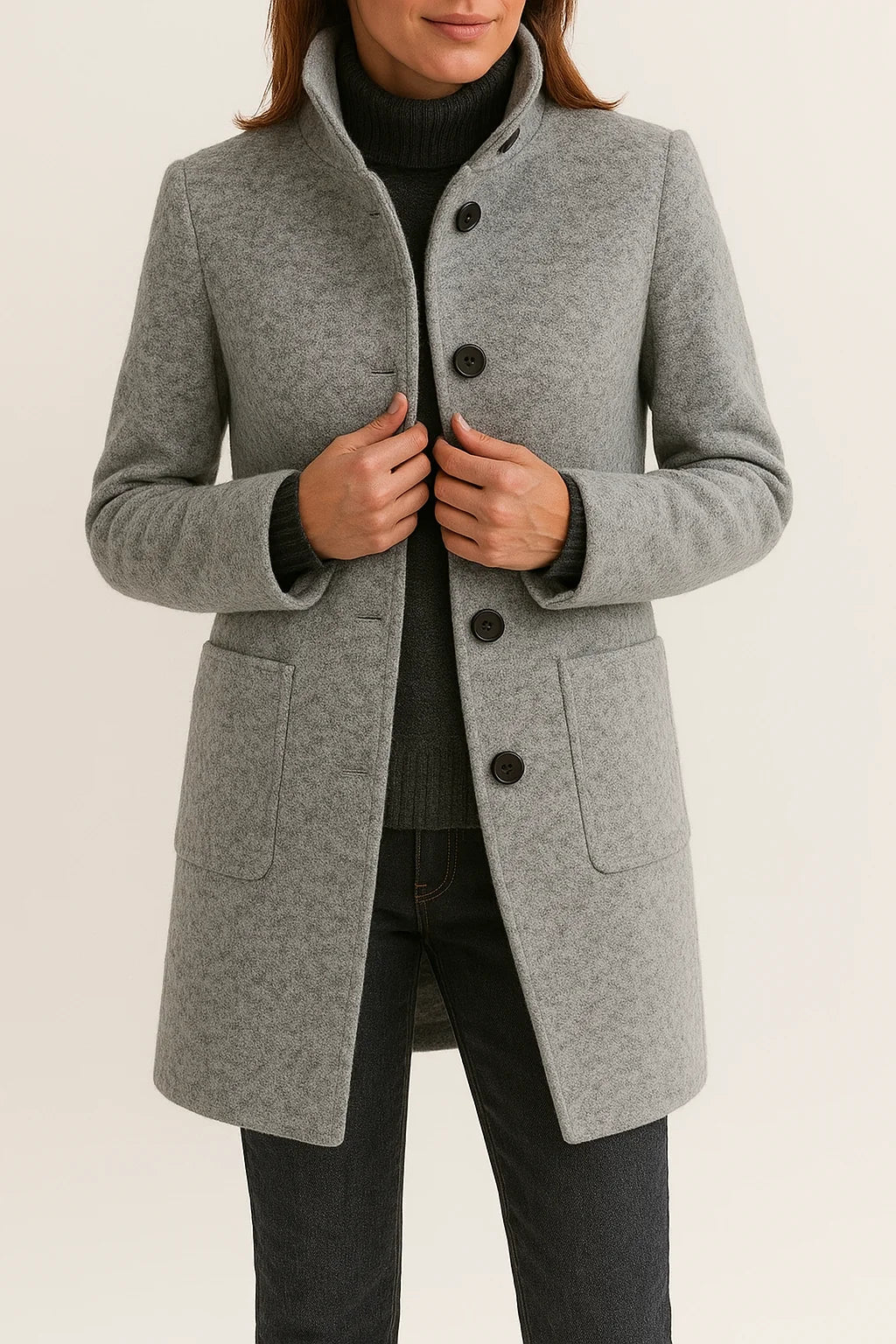 Tailored Black Wool Coat with High Neck and Patch Pockets 4