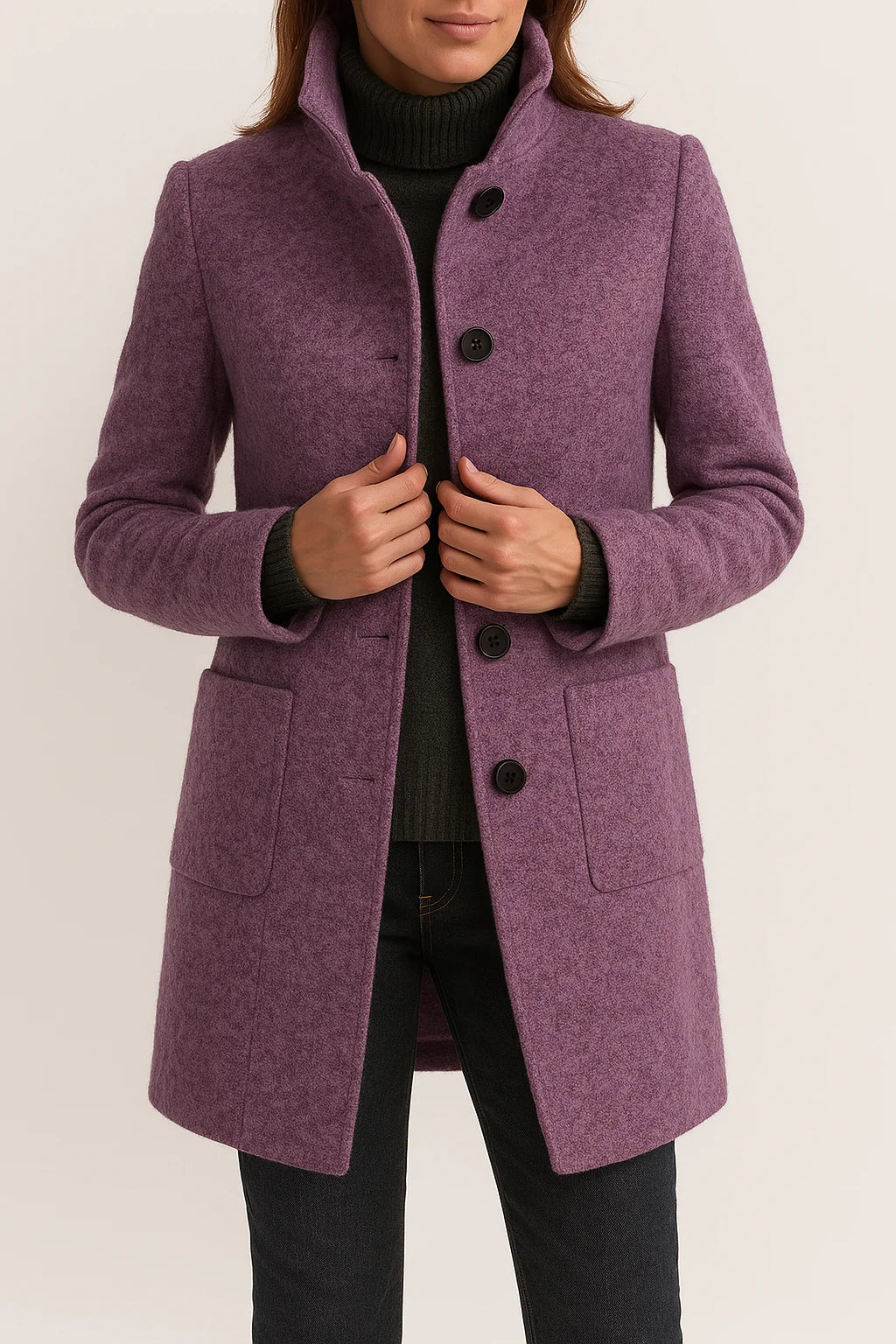 Tailored Black Wool Coat with High Neck and Patch Pockets 5